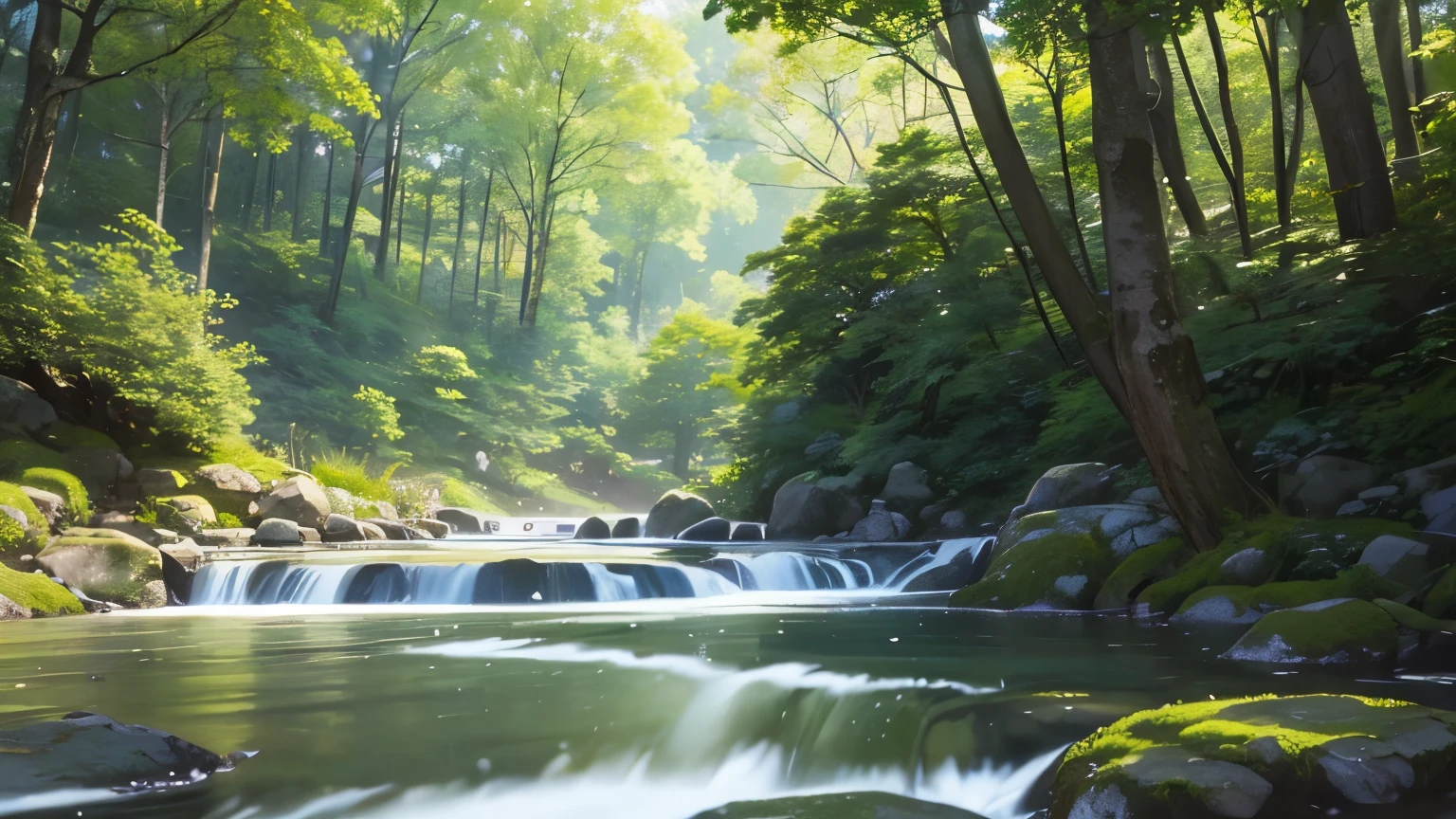 I took photos of a peaceful moment spent in nature.。wood々Imagine a peaceful landscape with soft morning light shining through the space.。A calm stream meandering、Surrounded by lush greenery。In the foreground、people sitting quietly on the bank、Are you meditating?、Perhaps they are simply soaking in the calmness of their surroundings.。The overall atmosphere is calm and connected to the natural world.、Highlights the beauty and peace of outdoor moments。
