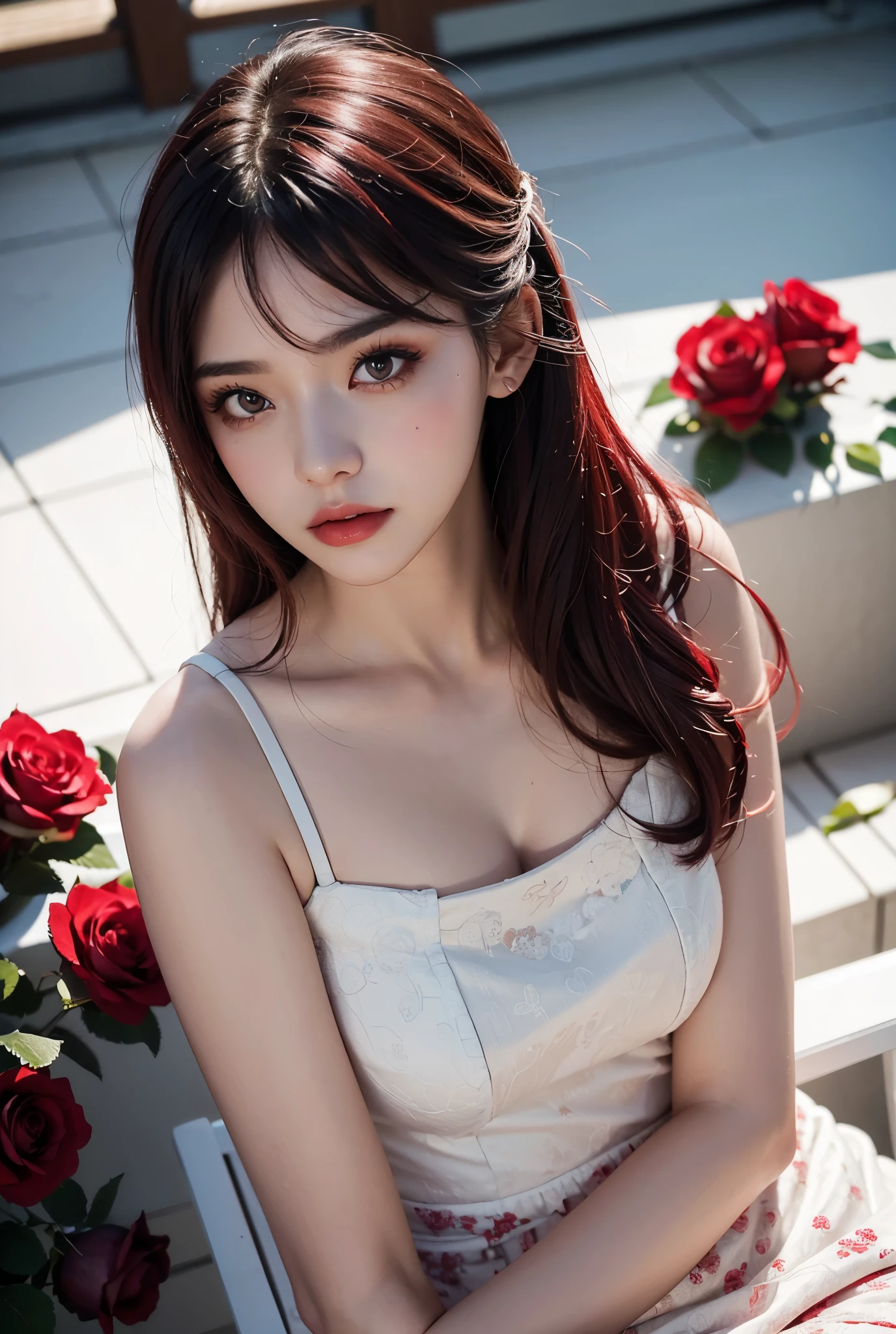 Woman, 25 years, romantic white and red clothes, seductive eyes, 2d roses background, colored inner hair, makeup, scowl, cinematic lighting, from above, bokeh, masterpiece, textured skin, high quality