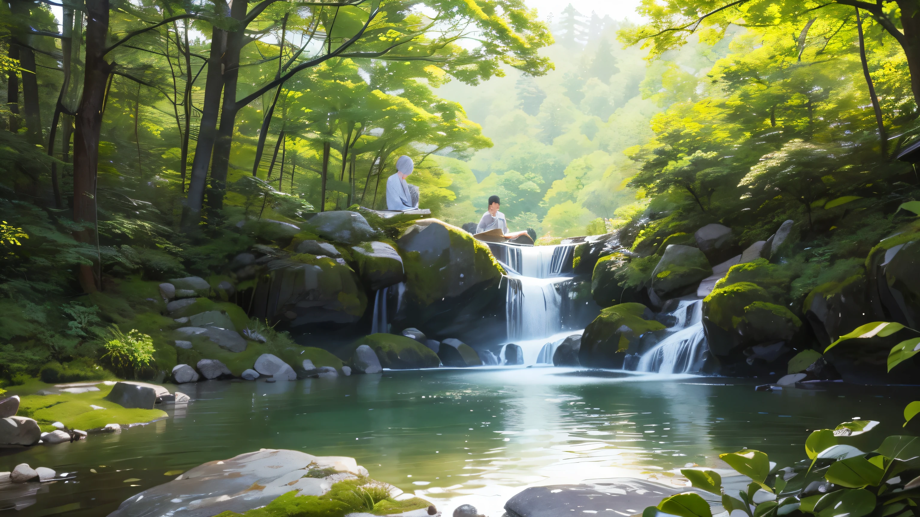 I took a photo of a peaceful moment spent in nature..。wood々Imagine a peaceful landscape bathed in soft morning light.。.。a gentle meandering stream、Surrounded by lush greenery。In the foreground、a person sitting quietly on the shore々、do you meditate?、Perhaps they are simply soaking in the calmness of their surroundings.。The overall atmosphere is calm and connected to the natural world.、Highlights the beauty and serenity of outdoor moments。