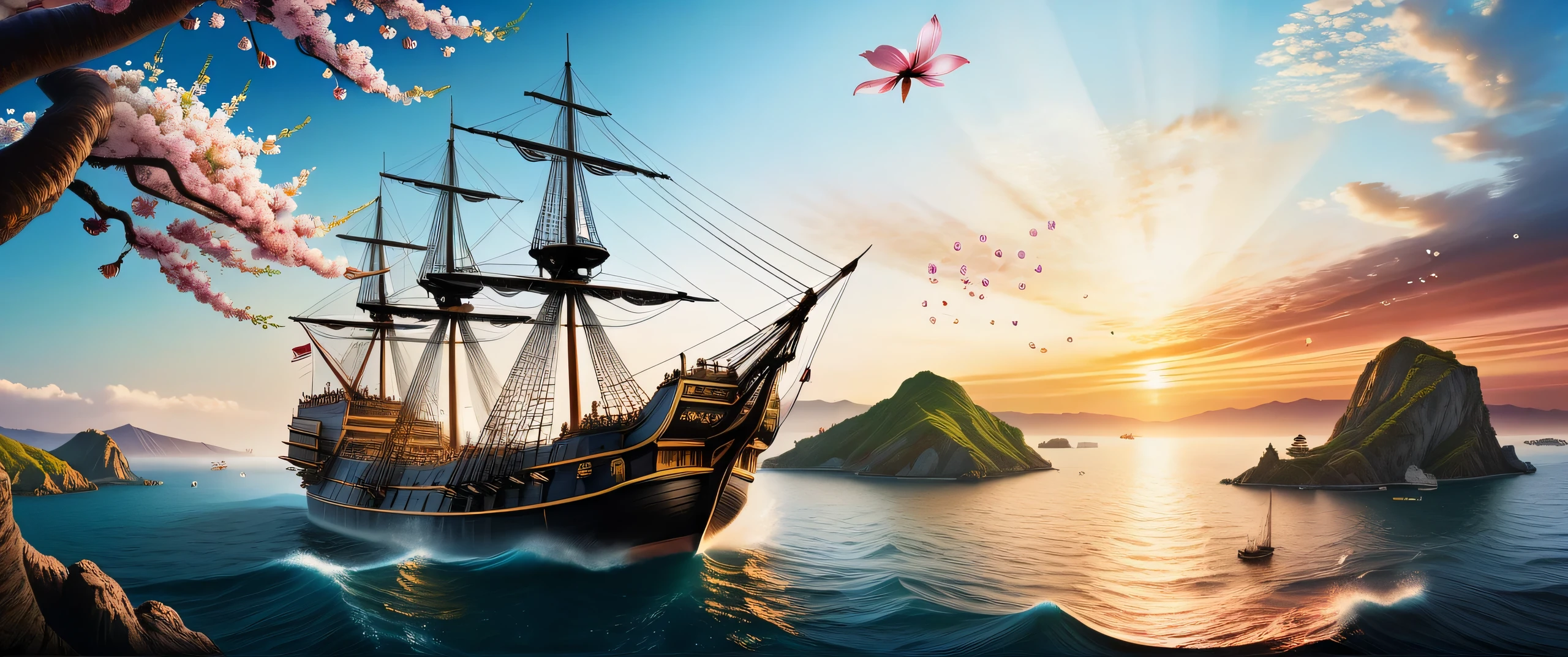 ultra wide angle illustration, (((fantasy myth world legend:1.3))), Depicts detailed galleons and vast sea battles.。, spectacular atmosphere majestic fantasy, The essence of myth: fear and intimidation, beautiful sunset and cherry blossoms, A city sunken in the sea, Beautiful details shine, spectacular atmosphere, epic fantasy school, essence beauty aesthetics, Ultra realistic soft log shadow, intricate details, thin brush artwork, (((very fine detailed brush strokes:1.3))), Elaborate portraits and elaborate cherry blossoms, high contrast, tonal contrast, Stunning detailed rendering, deep and majestic contrast, It is drawn with very beautiful and precise dots.,