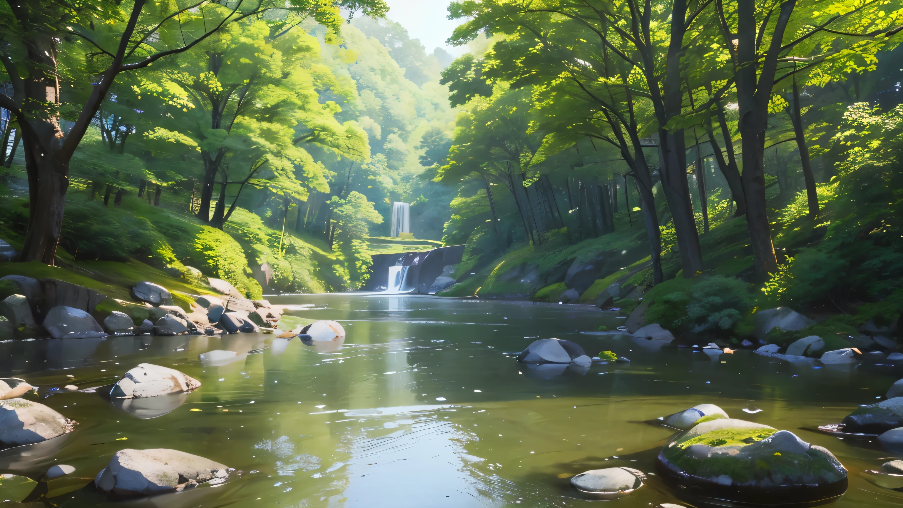 I took a photo of a peaceful moment spent in nature..。wood々Imagine a peaceful landscape bathed in soft morning light.。.。a gentle meandering stream、Surrounded by lush greenery。In the foreground、a person sitting quietly on the shore々、do you meditate?、Perhaps they are simply soaking in the calmness of their surroundings.。The overall atmosphere is calm and connected to the natural world.、Highlights the beauty and serenity of outdoor moments。