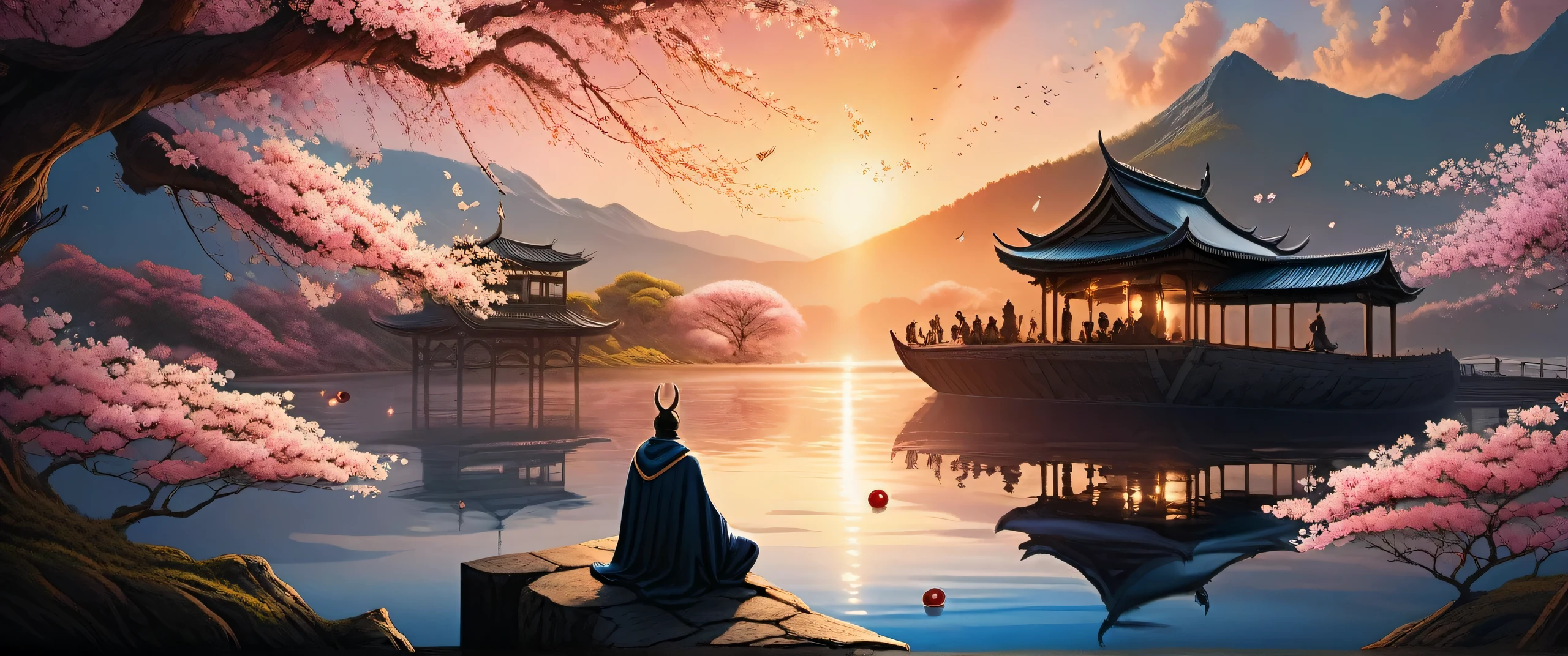 ultra wide angle illustration, (((Legendary fantasy myth battle:1.3))), Depicting the battle between the Great Wizard and the Demon King, spectacular atmosphere majestic fantasy, The essence of mythology that gives a sense of awe and intimidation, beautiful sunset and cherry blossoms, A city sunken in the sea, Beautiful details shine, spectacular atmosphere, epic fantasy school, essence beauty aesthetics, Ultra realistic soft log shadow, intricate details, thin brush artwork, (((very fine detailed brush strokes:1.3))), Elaborate portraits and elaborate cherry blossoms, high contrast, tonal contrast, Stunning detailed rendering, deep and majestic contrast, It is drawn with very beautiful and precise dots.,