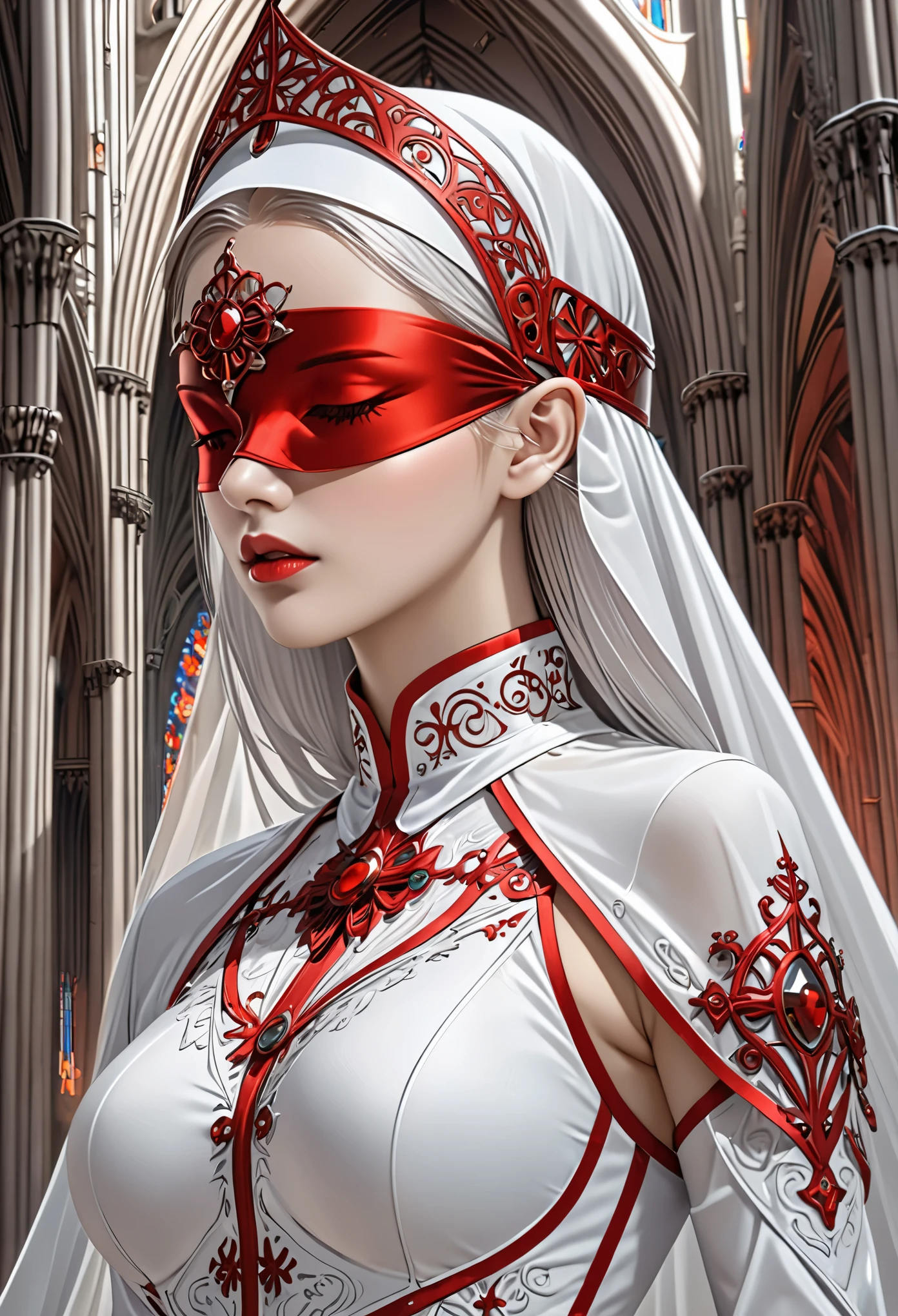 the goddess by shadrach jaroshelev, in the style of gothic futurism, dark white and light red, hyper-detailed illustrations, uhd image, Gorgeous costume details, intricate costumes, (cathedral:1.6)(beautiful and clear background:1.4),
(Transparent blindfold:1.1),  (coif:1.3),
 