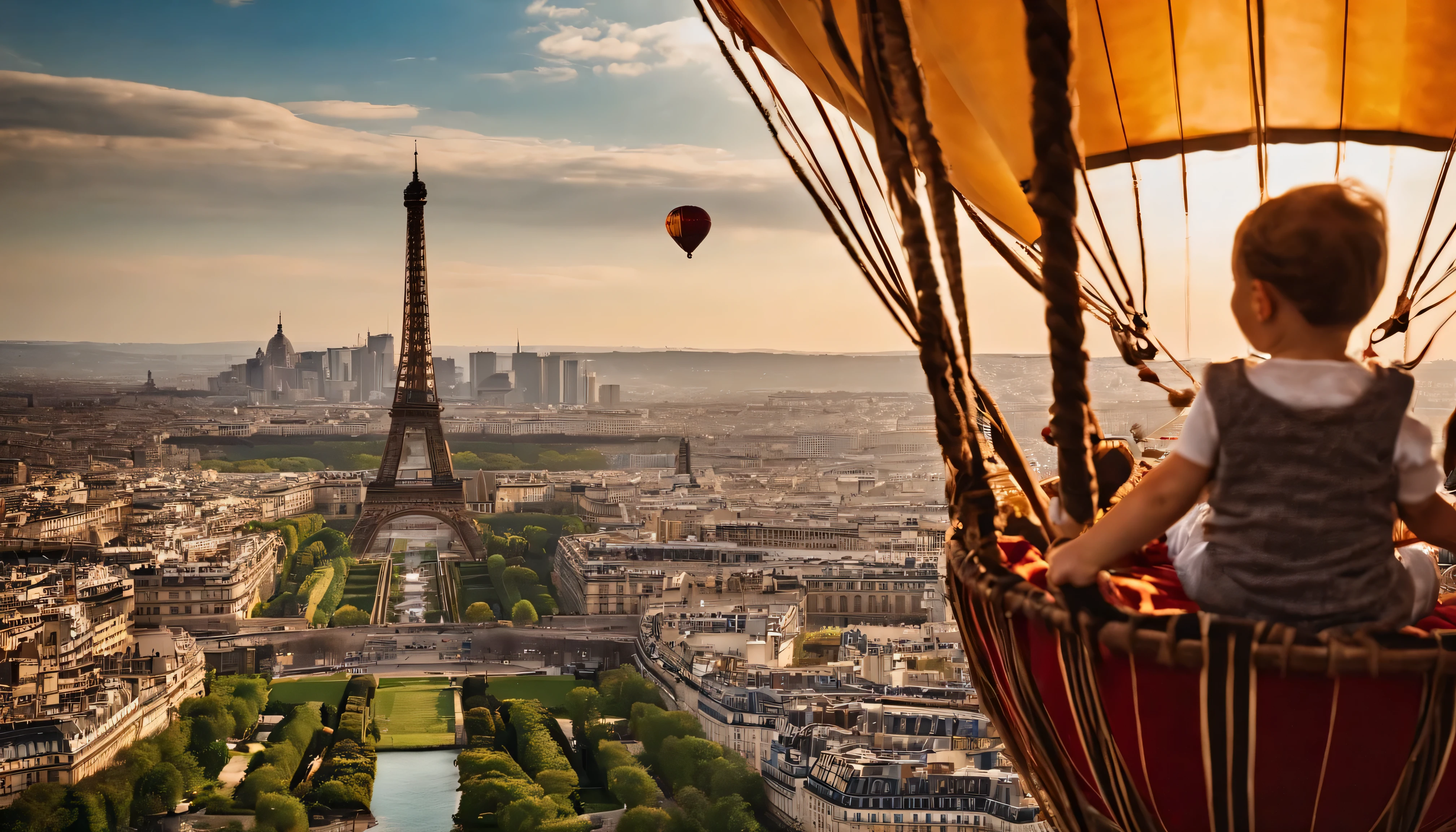 A child sits inside a hot air balloon，人物half body shot，Hot air balloon floats over the Eiffel Tower in Paris, France，looking down camera，half body shot，The sky is clear，