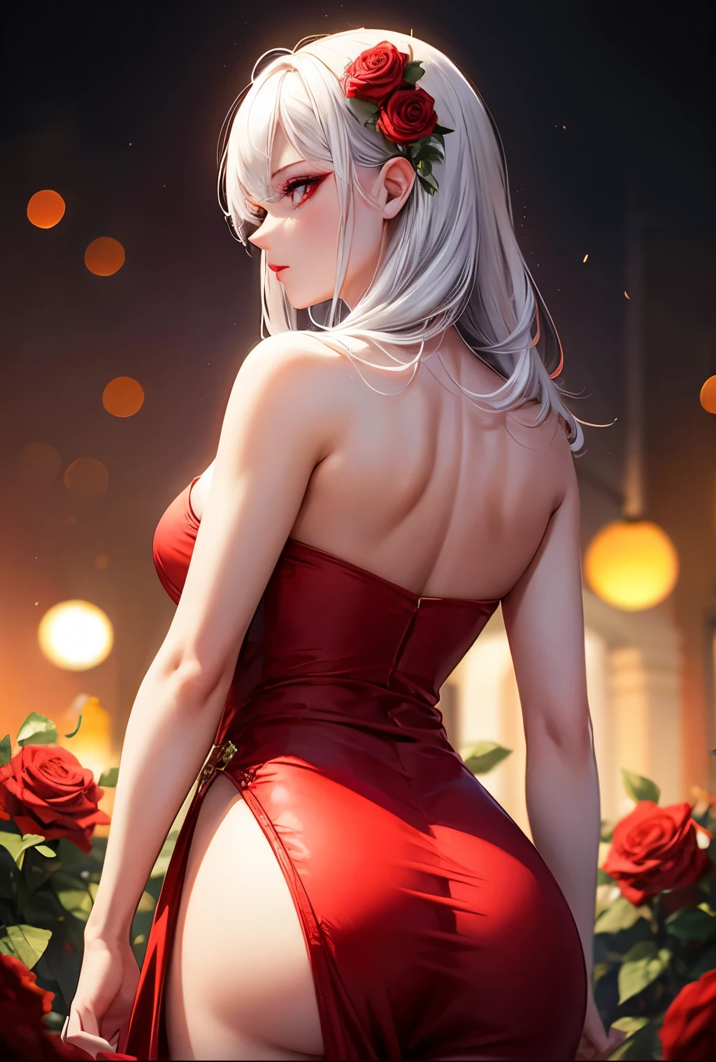 Woman, 25 years, romantic white and red clothes, seductive eyes, 2d roses background, colored inner hair, makeup, scowl, cinematic lighting, from behind, butt, bokeh, masterpiece, textured skin, high quality