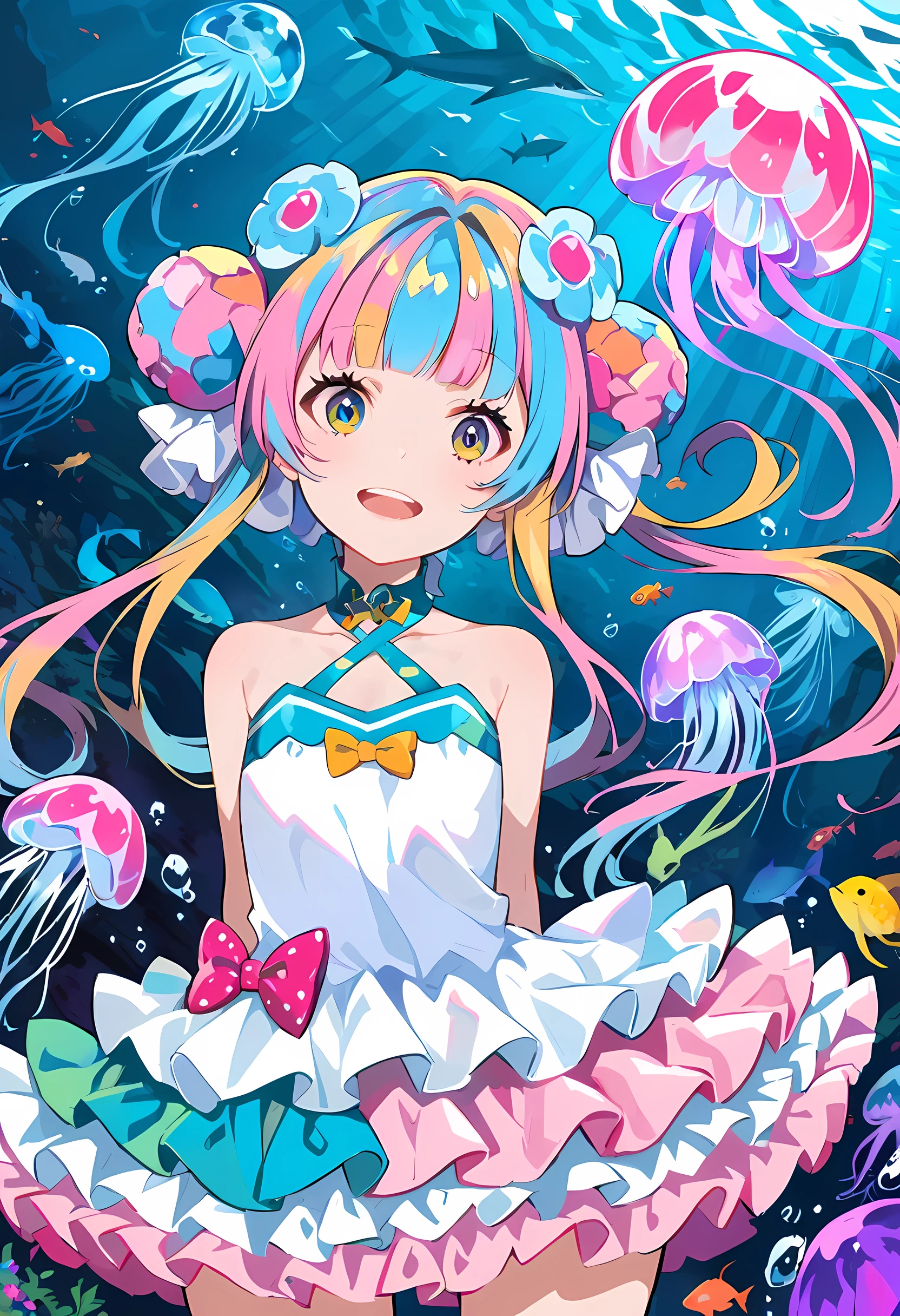 cute girl yeah,flat chest,kawaii,(jellyfish girl:1.2), arms behind back,underwater,frilled dress,