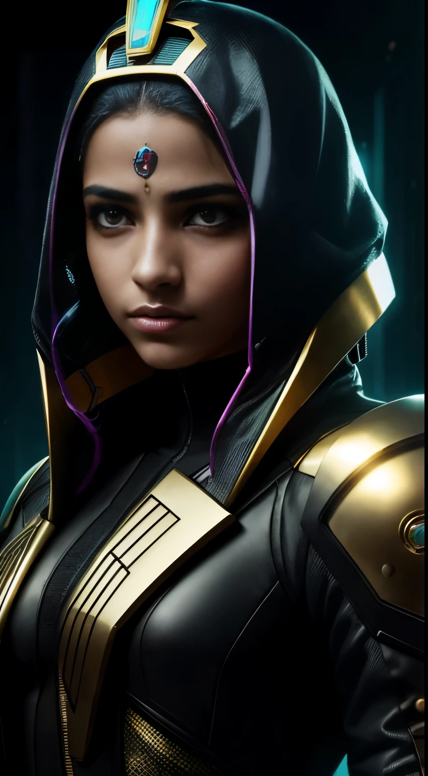 cyberpunk portrait photography, 10 year old egyptian queen,young man looking off camera wearing a glowing futuristic jacket, Super realistic face, mirada retadora, ojos color miel, orientation symbol tattoo under the right eye neon gold color, piel morena, Luz tenue, luz de llanta, caderas, en el lado de la carretera, antecedentes detallados, intrincado, tiro de cuerpo completo, muy detallado, renderizado de octanaje, High Definition, 8K, por Annie Leibovitz,120mm