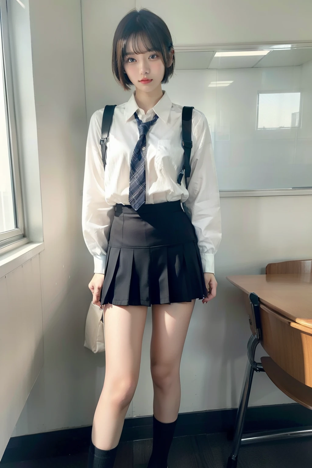 masterpiece,best quality,(Ultra High Resolution: 1.0), detail eye, Raw image, 4K,highres,1girl,japanese,High School Uniforms,high school classroom, short hair,Standing naturally,looking at viewer,tearing_up,(nipples:0.5),bare legs,