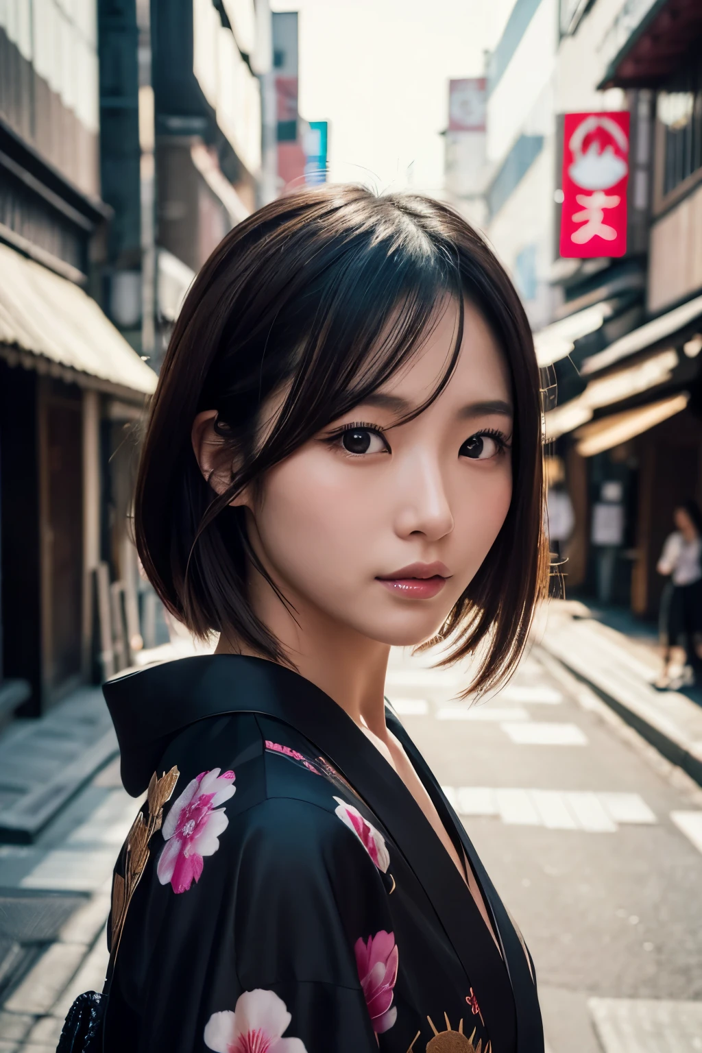 Beautiful Japanese supermodel woman, A lock of hair with slight highlights, black eyes, Sexy，street background，Gorgeous kimono , Liquid color flows across her face, Shooting against the light，Perfect facial lighting，mixed media