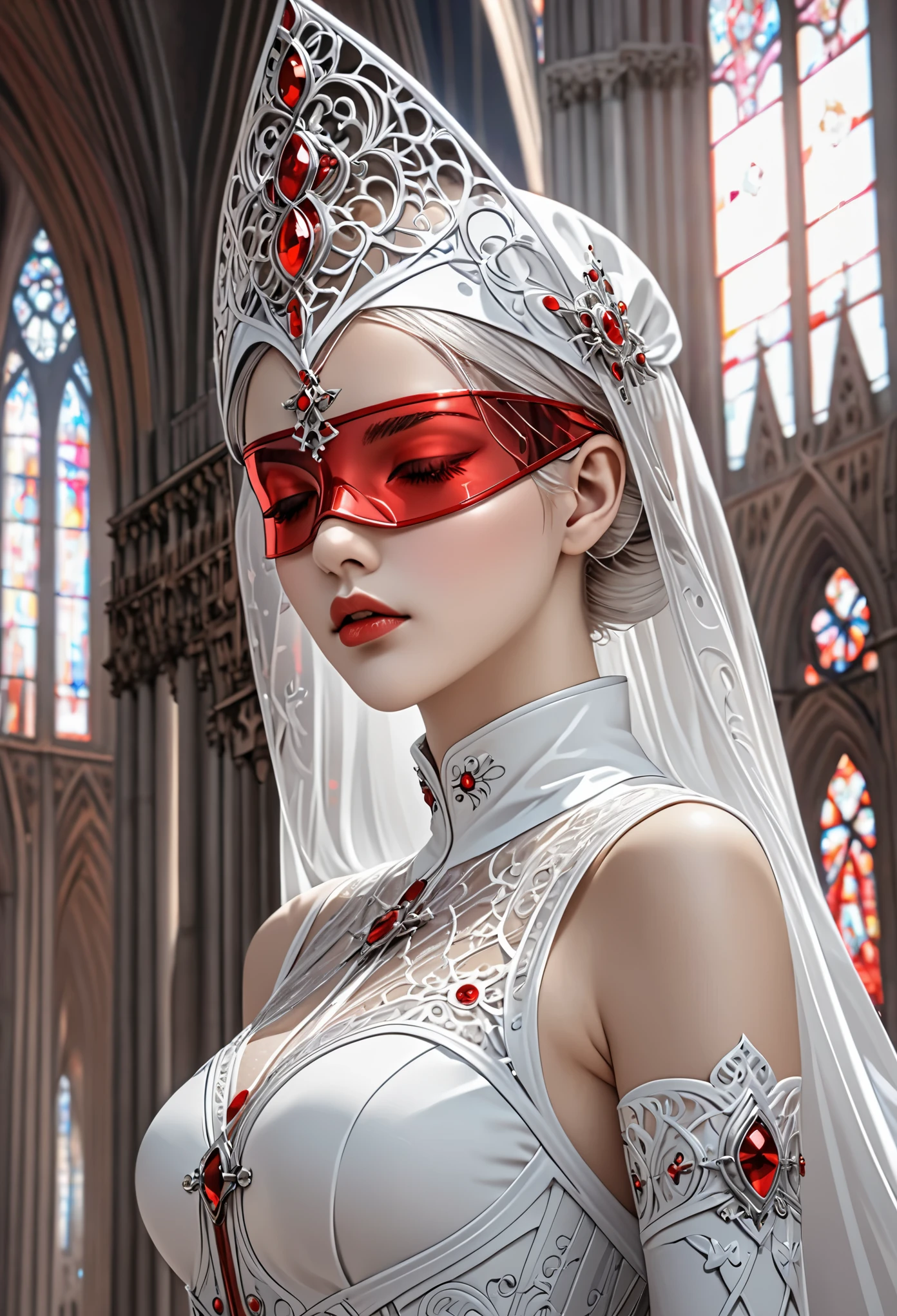 the goddess by shadrach jaroshelev, in the style of gothic futurism, dark white and light red, hyper-detailed illustrations, uhd image, Gorgeous costume details, intricate costumes, (cathedral:1.6)(beautiful and clear background:1.4),
(Transparent blindfold:1.1),  (coif:1.3),
 