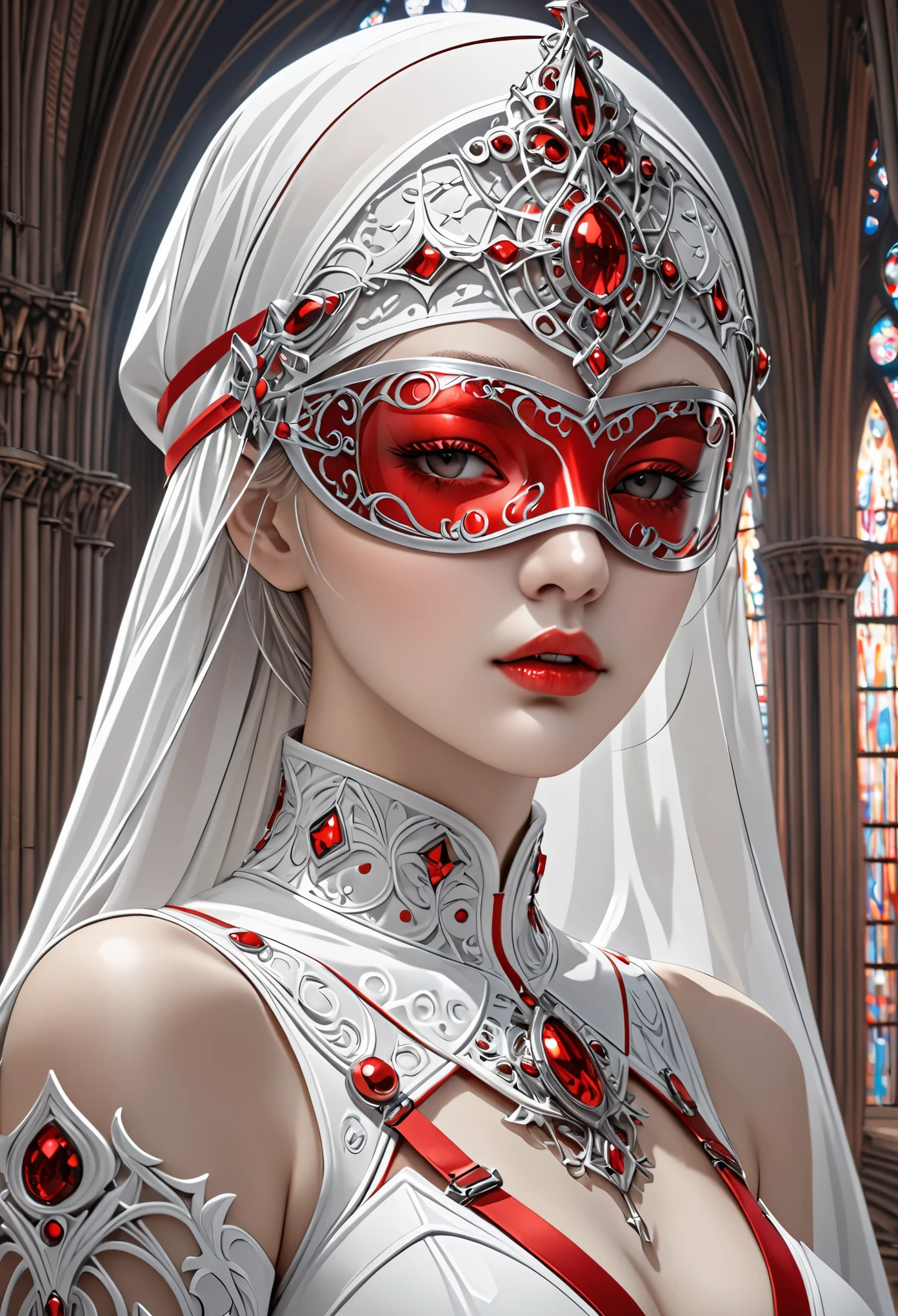 the goddess by shadrach jaroshelev, in the style of gothic futurism, dark white and light red, hyper-detailed illustrations, uhd image, Gorgeous costume details, intricate costumes, (cathedral:1.6)(beautiful and clear background:1.4),
(Transparent blindfold:1.1),  (coif:1.3),
 