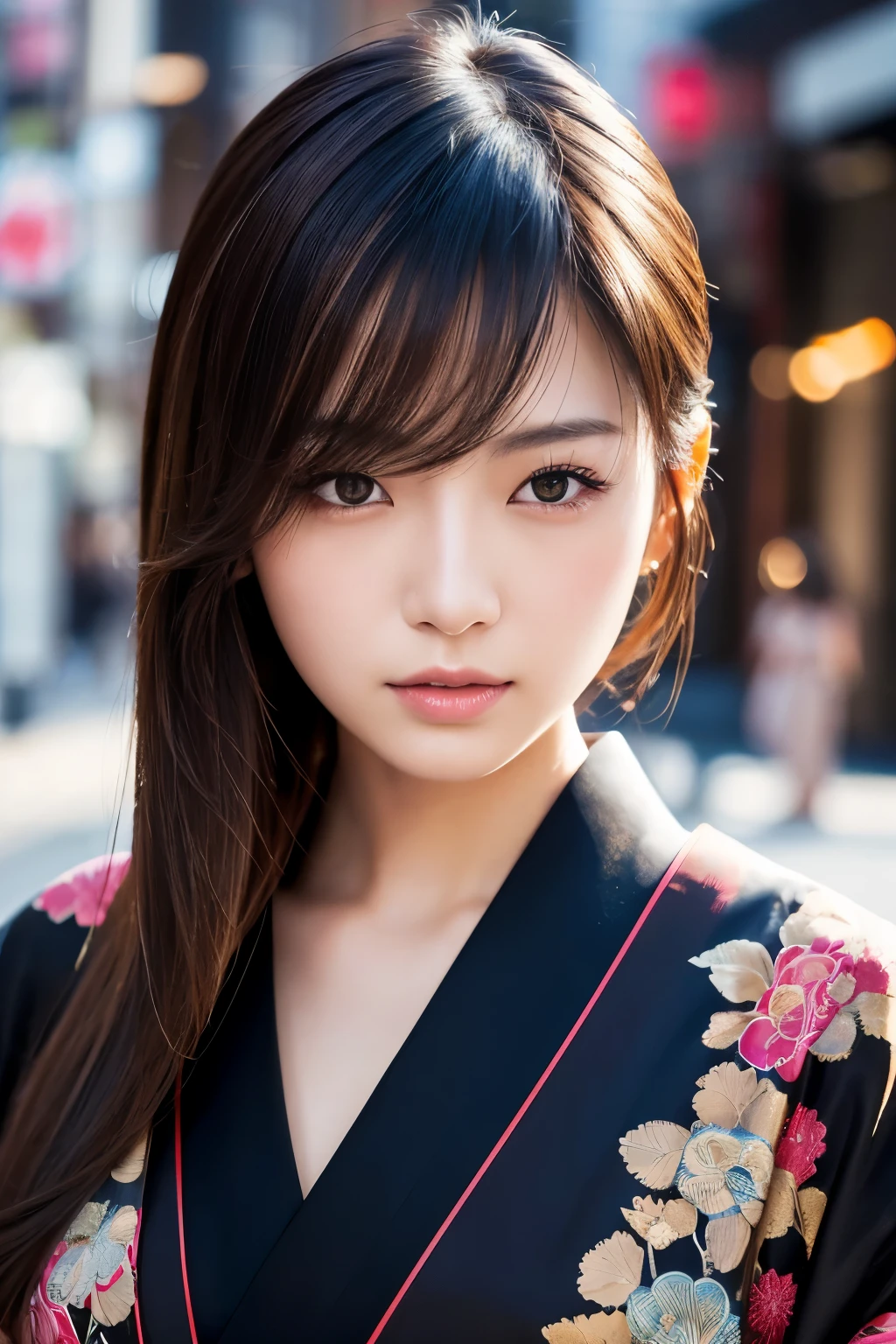 Beautiful Japanese supermodel woman, A lock of hair with slight highlights, black eyes, Sexy,street background,Gorgeous kimono , Liquid color flows across her face, Shooting against the light,Perfect facial lighting,mixed media