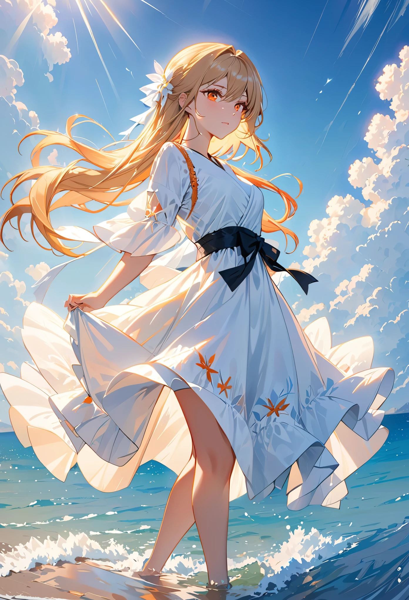 Masterpiece, best quality, highres, solo, 1 female, long hair, blond hair, orange eyes, white dress, black skirt, sky, sea, ray trancing
