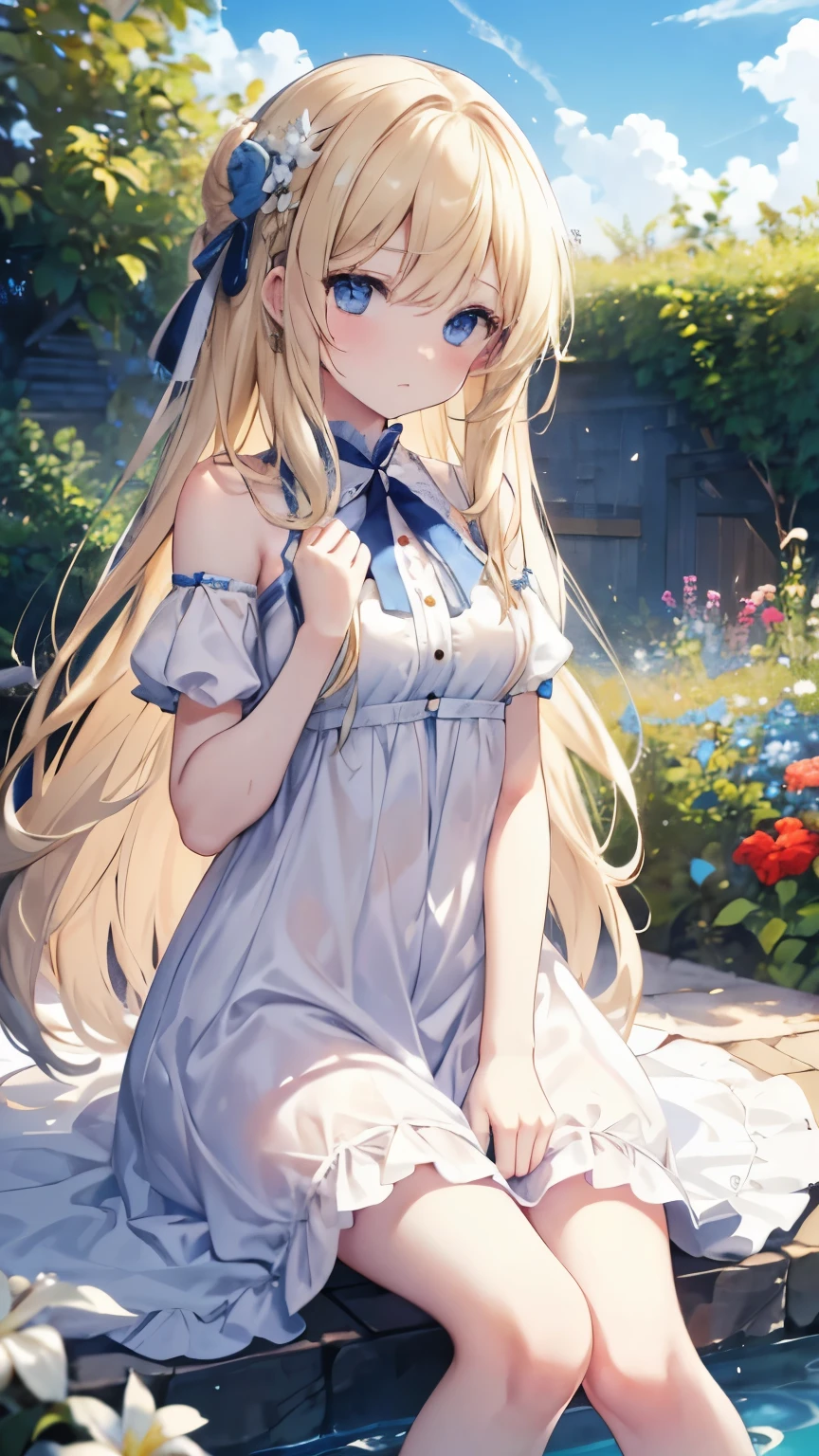 ,girl,best image quality,,blonde,,blue eyes, white skin,sleepiness,Very long hair that goes down to the knees,,half eyes,,wet state, doll,,,,,small breasts,tits,shackles,first shackle,small,garden,Blue sky,white dress,,