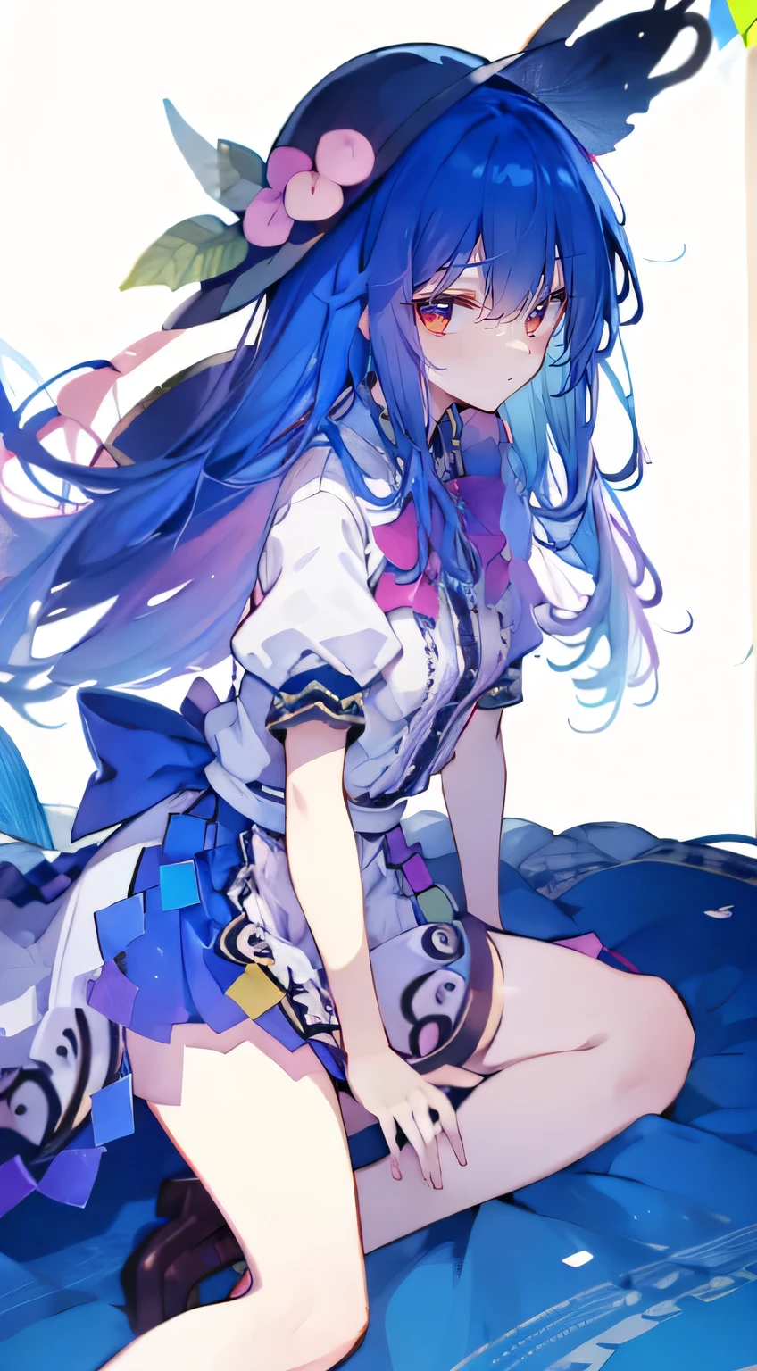 (masterpiece),best quality, expressive eyes, perfect face,sit, sit on ground, legs on the ground, 1girl,
big breasts, H cup, Good breasts, Put your hands on your waist,Fair, Gorgeous,japanese manga,girl,Laura,Young angels, blue hair, blue haired,tent , tent chest, tent breast, floating clothes,flat chest,bad milk,Nagiko Fujisaki,blue hairs,long, straight hair,long hair,