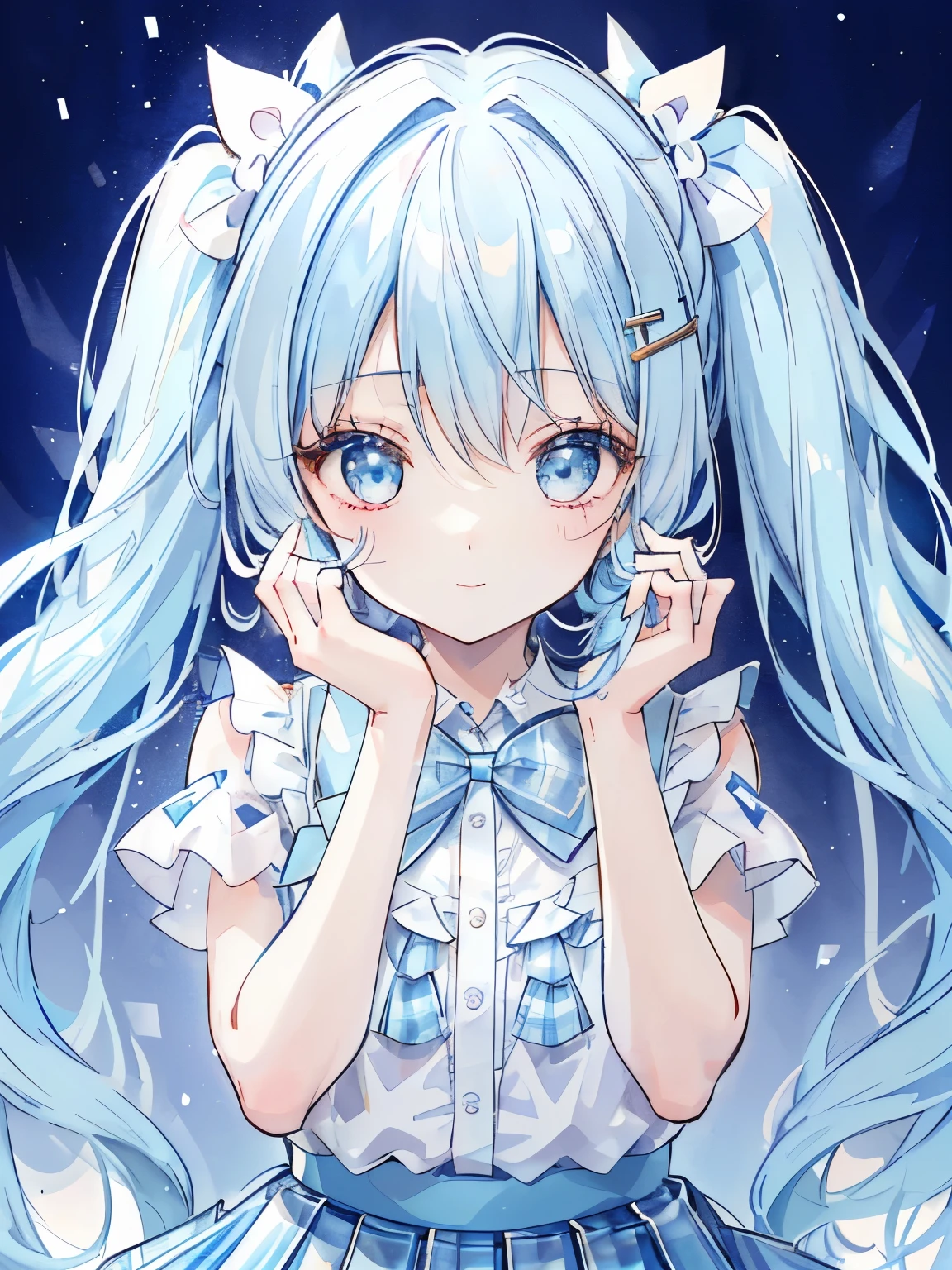 girl,light blue ribbon hair ornament,(light blue hair with twin tails),((break)),(dress:1.3),(plaid pleated skirt:1.2),((break)),,((Look at me with a slightly wider smile)),(cute pose),((break)),((focus on face)),((close up of face)),gentle design