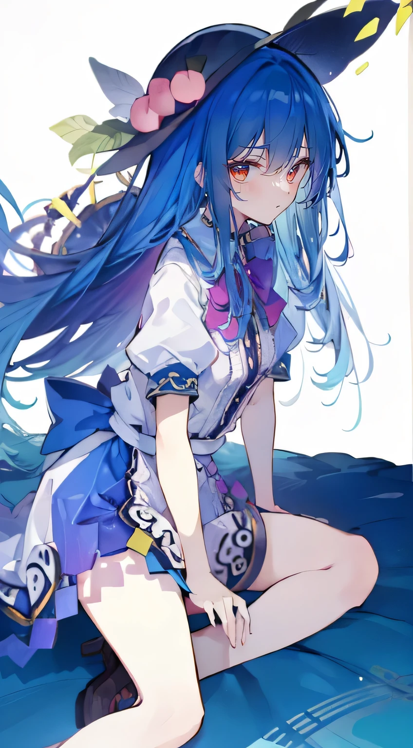 (masterpiece),best quality, expressive eyes, perfect face,sit, sit on ground, legs on the ground, 1girl,
big breasts, H cup, Good breasts, Put your hands on your waist,Fair, Gorgeous,japanese manga,girl,Laura,Young angels, blue hair, blue haired,tent , tent chest, tent breast, floating clothes，flat chest，bad milk，Nagiko Fujisaki，blue hairs，long, straight hair，long hair，