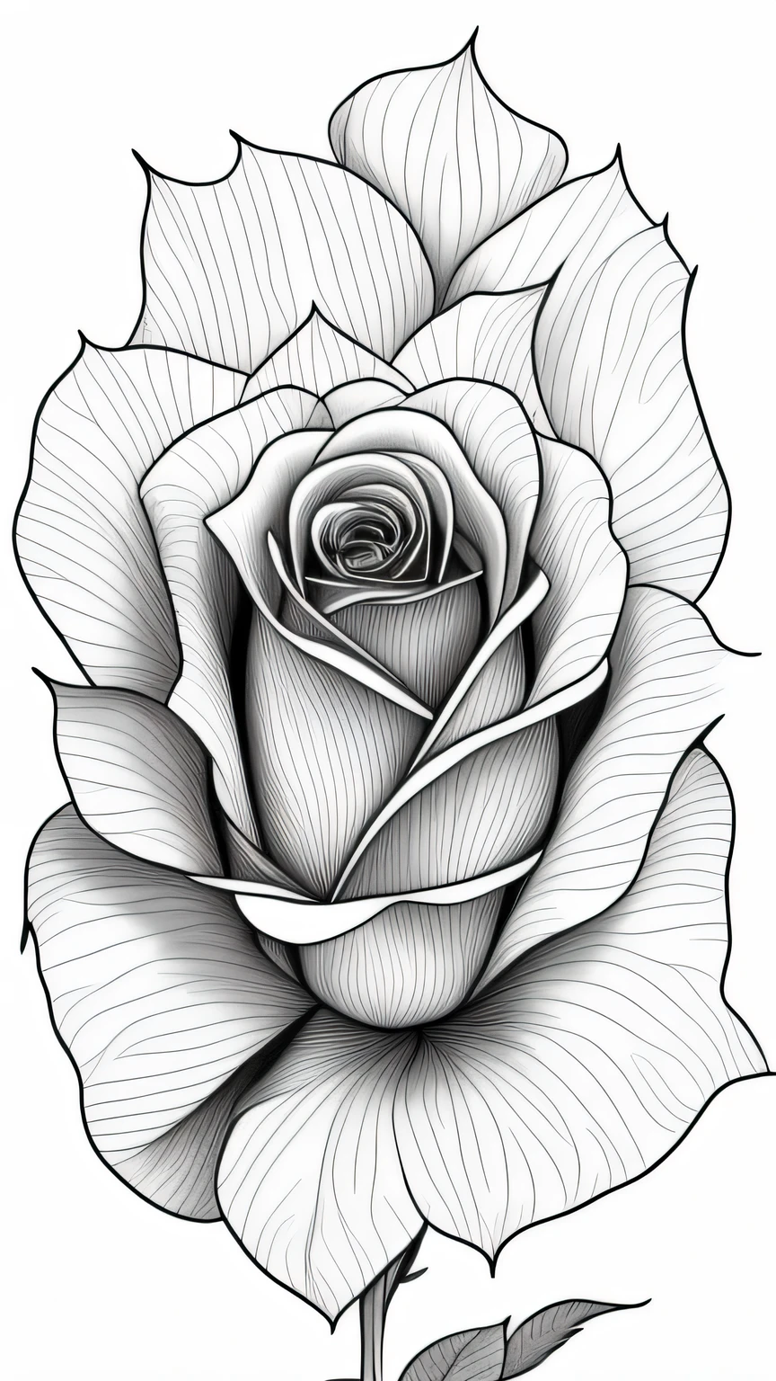 a drawing of a rose with a stem and leaves, perfectly detailed linework, detailed flowers, extremely detailed linework, perfect pen and ink line art, immaculate shading, highly detailed linework, detailed line work, detailed linework, detailed shading, thick lines highly detailed, black and white detailed sketch, line drawing tattoos, highly detailed sketch, line work, simple yet detailed