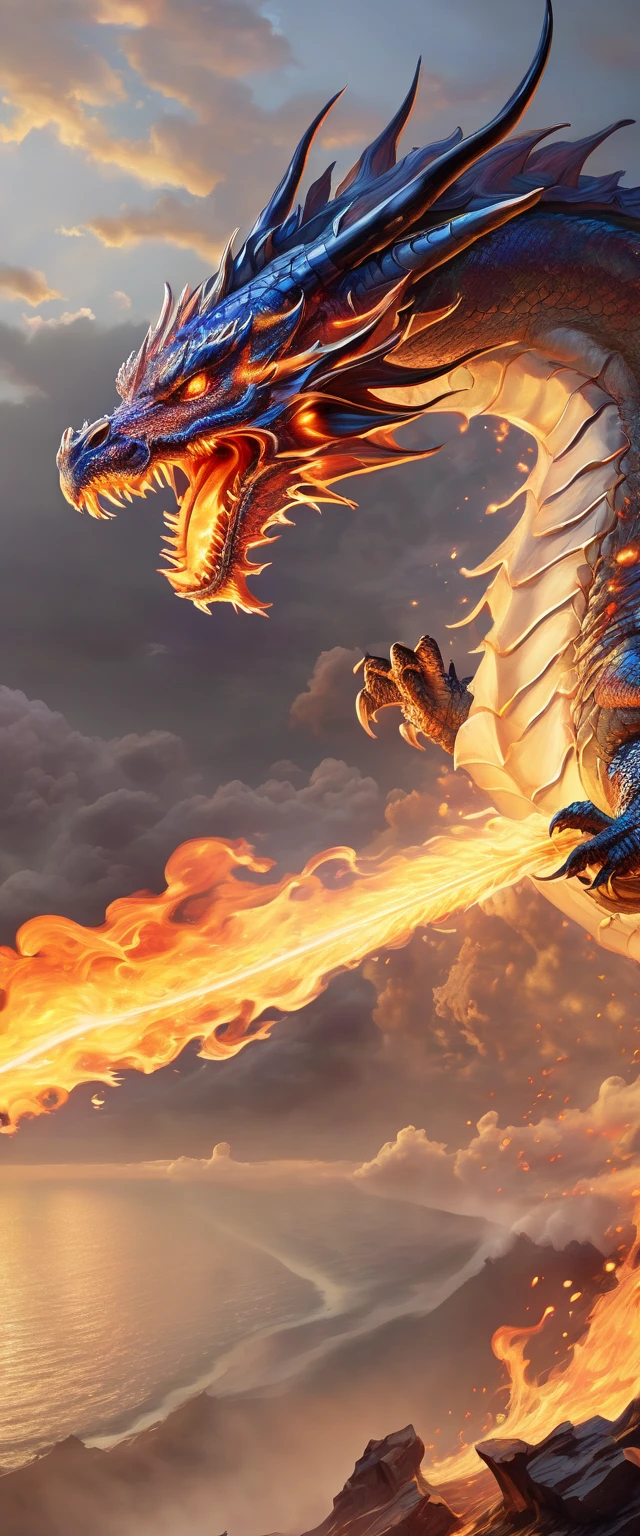 ((ultra wide angle x0.5:1.5)),( dragon releasing flame from its mouth, cliff, flying:1.5), ((Imaginative scene)), (( very detailed: 1.4), (( Masterpiece )), ( Hyper-detailed and beautiful: 1.3), (Photorealistic: 1.4), 32k.