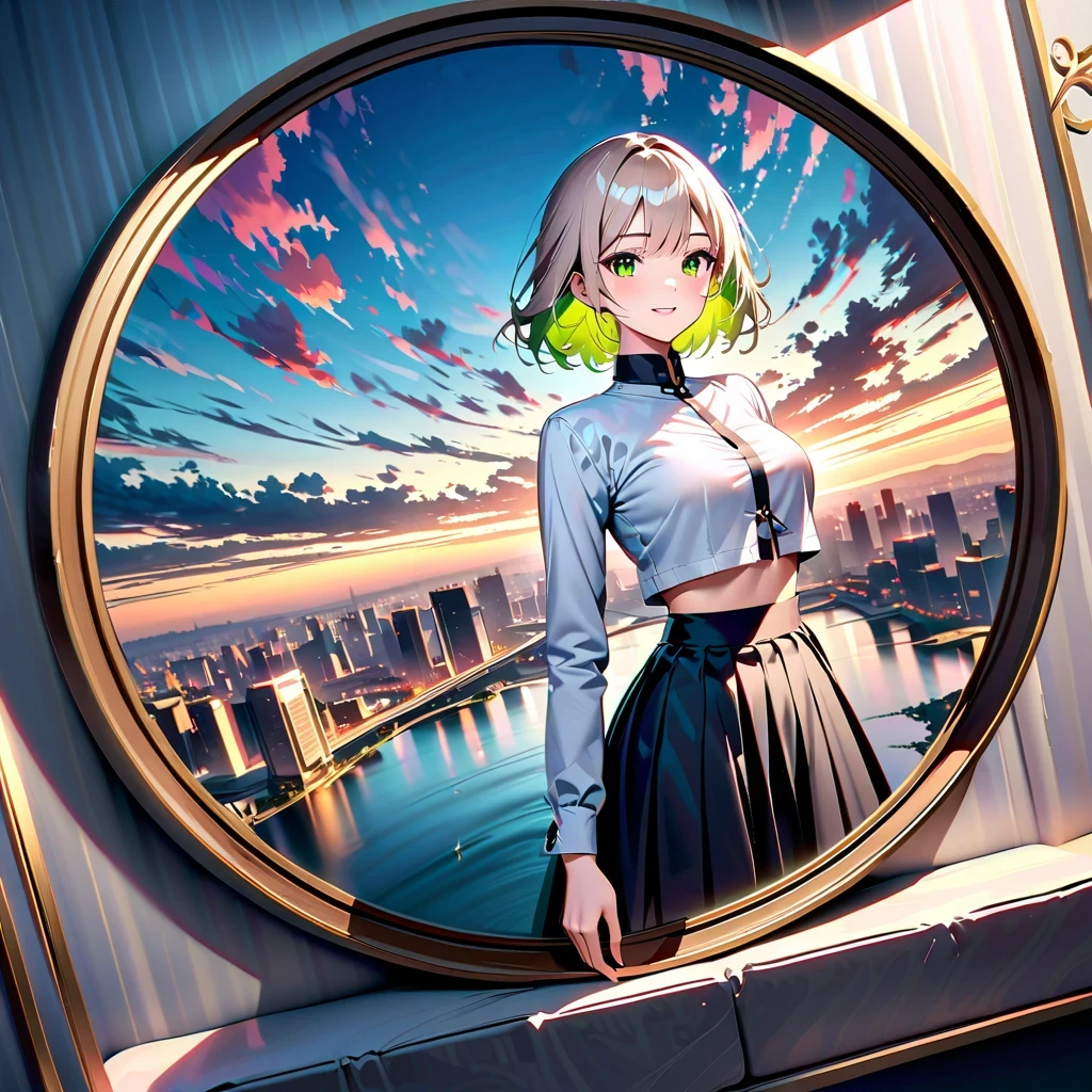 super wide angle, National Geographic Ray Tracing Masterpiece,Beautiful and elegant,Arrogant temperament, a perfect face,Showing expressive emerald eyes and goofy smile. her platinum blonde hair, Highlight with light pink hint, A few strands of multi-colored inner hair, Complementing her professional yet stylish attire - a white long-sleeved crop top,white trim,The pleated skirt showed off her slim waist and wide hips, Everything is set against the backdrop of twilight and sunset scenery. her posture, Her chin lifted slightly, Demonstrates a combination of calm and intensity. In the background is the stunning city reflection in the crystal clear river at sunset. High detail background,like skyline, cloud, The horizon enhances the beauty of the photo. The crystal clear water makes the stream an extremely realistic and detailed mirror,Reflects a woman's whole body. tranquil perspective of images, Mirror-like stillness makes details more complete, Colorful fantasy art style visual object in specular reflection ratio 1.2