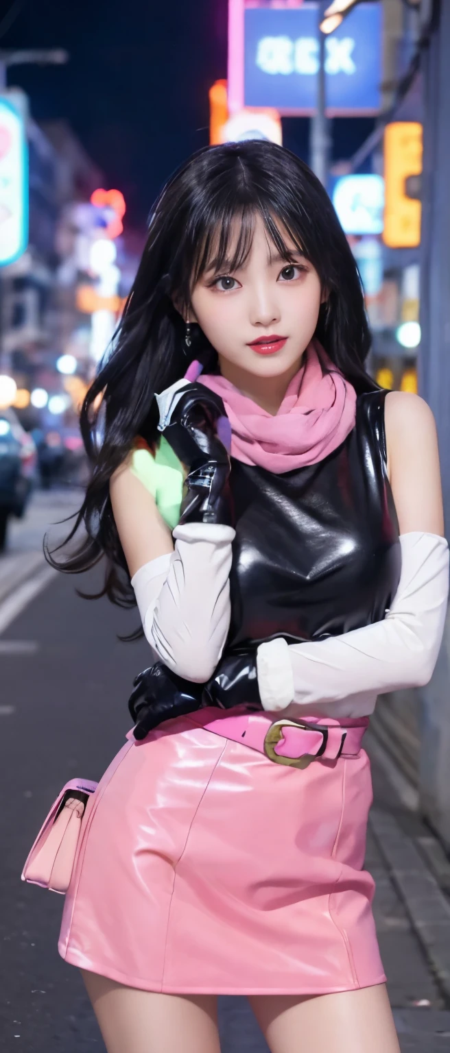 cool cyber hero girl、whole body、good style、、、、Shiny pink tight mini dress、Bright colors、colorful luminous city、big heart belt、leather gloves、black hair mixed with pink、white scarf、hero pose