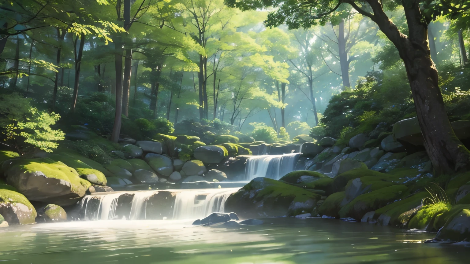 I took photos of a peaceful moment spent in nature.。wood々Imagine a peaceful landscape with soft morning light shining through the space.。A calm stream meandering、Surrounded by lush greenery。The overall atmosphere is calm and connected to the natural world.、Highlights the beauty and peace of outdoor moments。