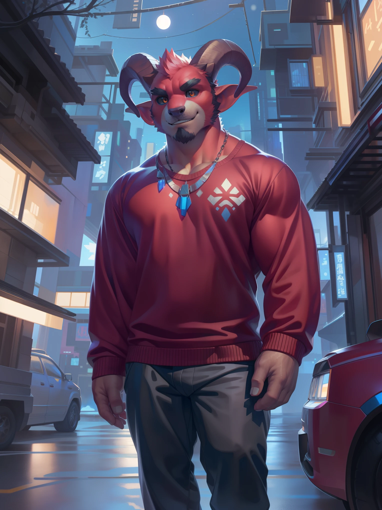 solo, anthro, furry, furry male, tiefling,((red body)), (tiefling print), black pupils, orange eyes, black sclera, ram horns, black horns, detailed tattoos fur, detailed face, detailed eyes, long sleeved shirt, sweater, small necklace, pants, sneakers, cyberpunk Streets, (by null-ghost,by raccoon21, masterpiece, high quality, hi-res, 8k, hd), standing,close-view portrait, looking at viewer, night, outdoors, happy expression