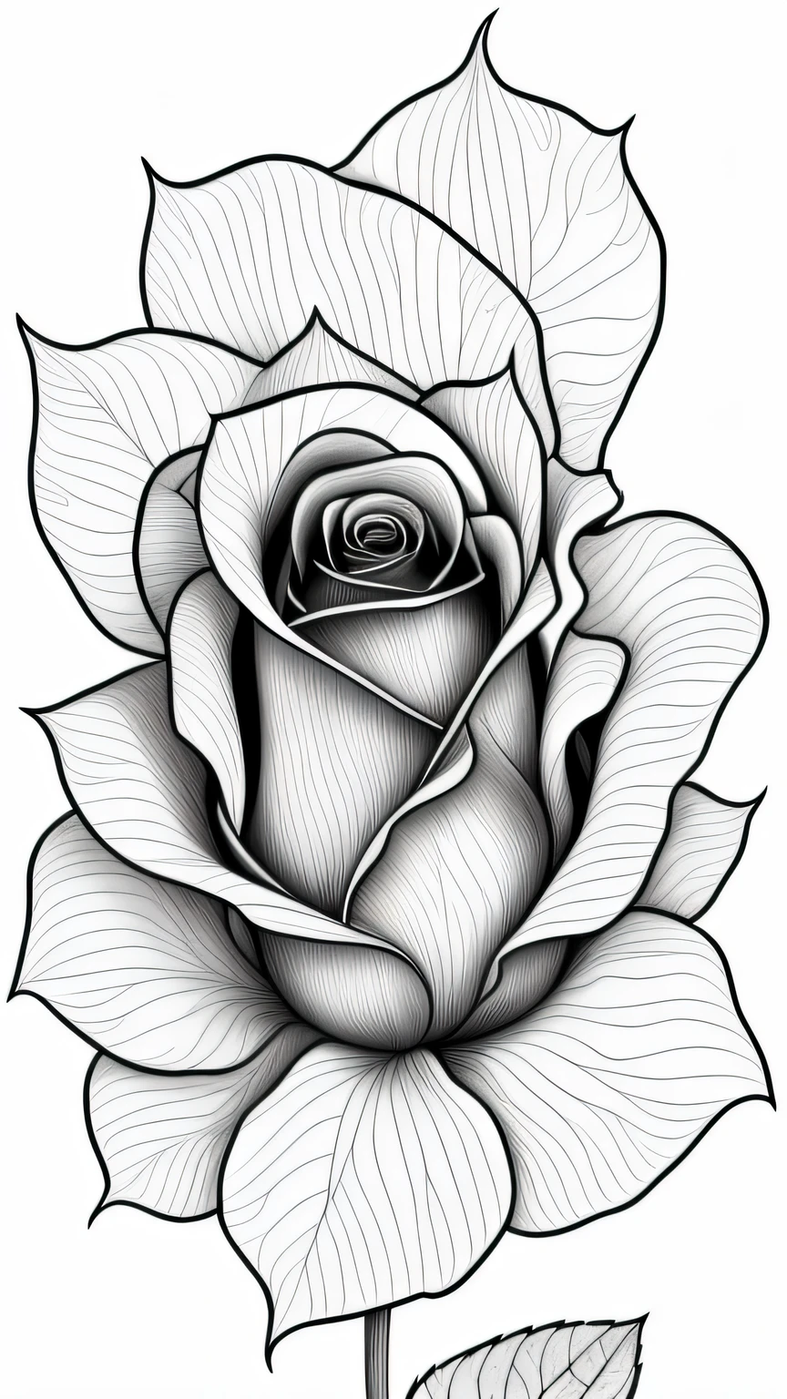 a drawing of a rose with a stem and leaves, perfectly detailed linework, detailed flowers, extremely detailed linework, perfect pen and ink line art, immaculate shading, highly detailed linework, detailed line work, detailed linework, detailed shading, thick lines highly detailed, black and white detailed sketch, line drawing tattoos, highly detailed sketch, line work, simple yet detailed