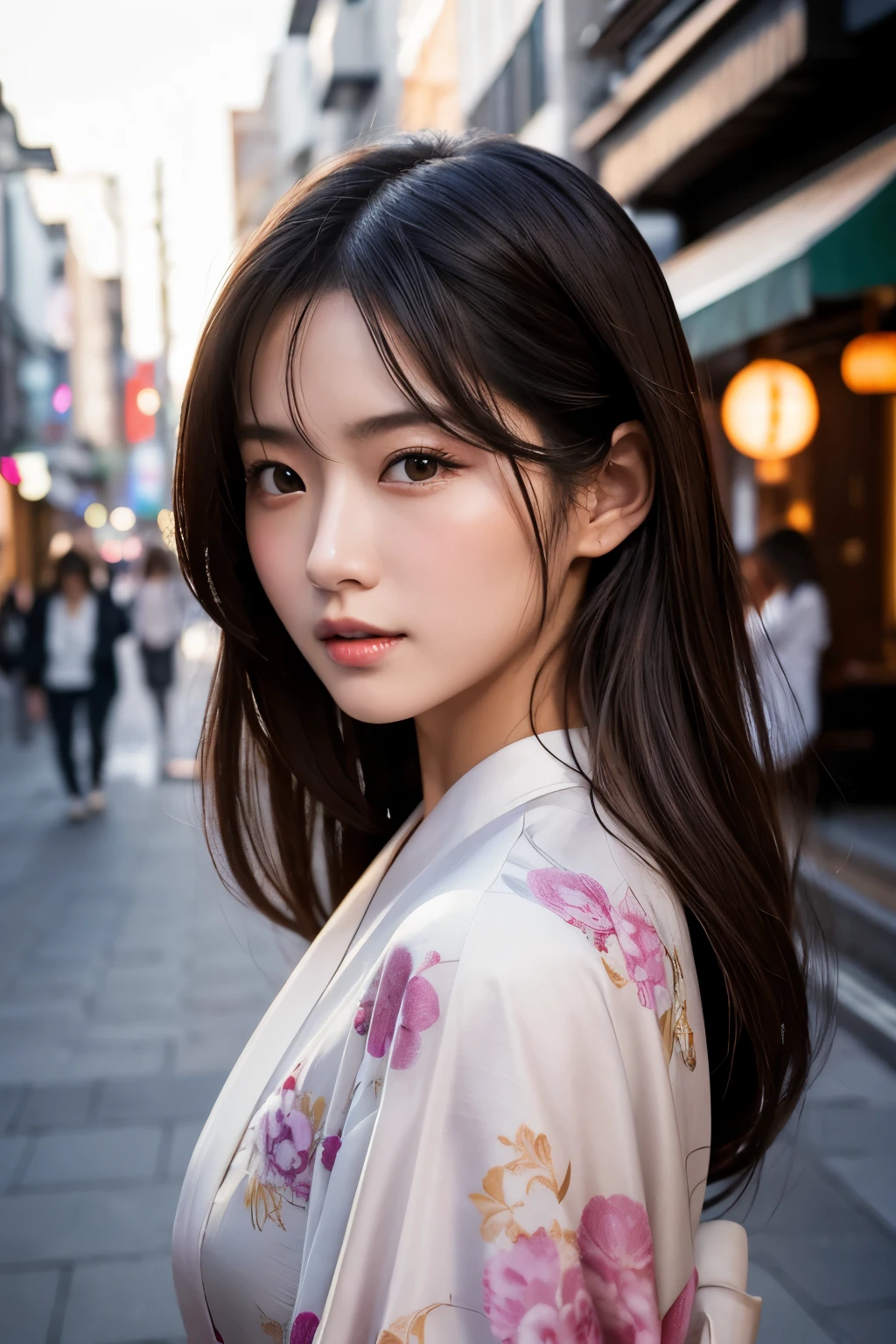Beautiful Japanese supermodel woman, A lock of hair with slight highlights, black eyes, Sexy，street background，Gorgeous kimono , Liquid color flows across her face, Shooting against the light，Perfect facial lighting，mixed media