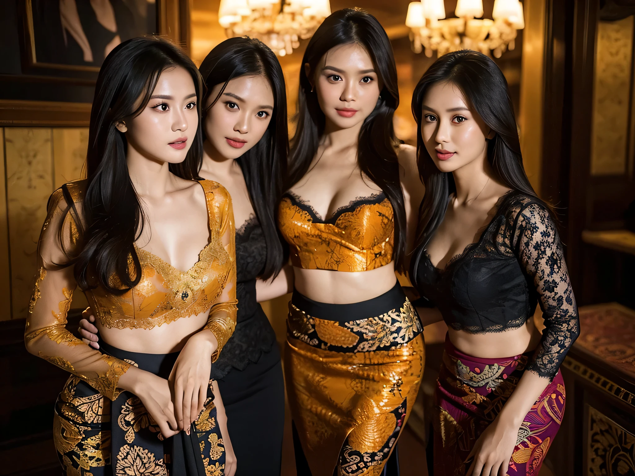 1 men and 2 wife Indonesian-Dutch girl, long fashion hair, fit body, small cleavage, skintight black lace kebaya, batik skirt, masterpiece, highly detailed, ultra hd, 8k, detailed face, bright eyes, perfect eyes, detailed skin texture, detailed lips, sexy lips, perfect hands, dynamic angle, cowboy shot