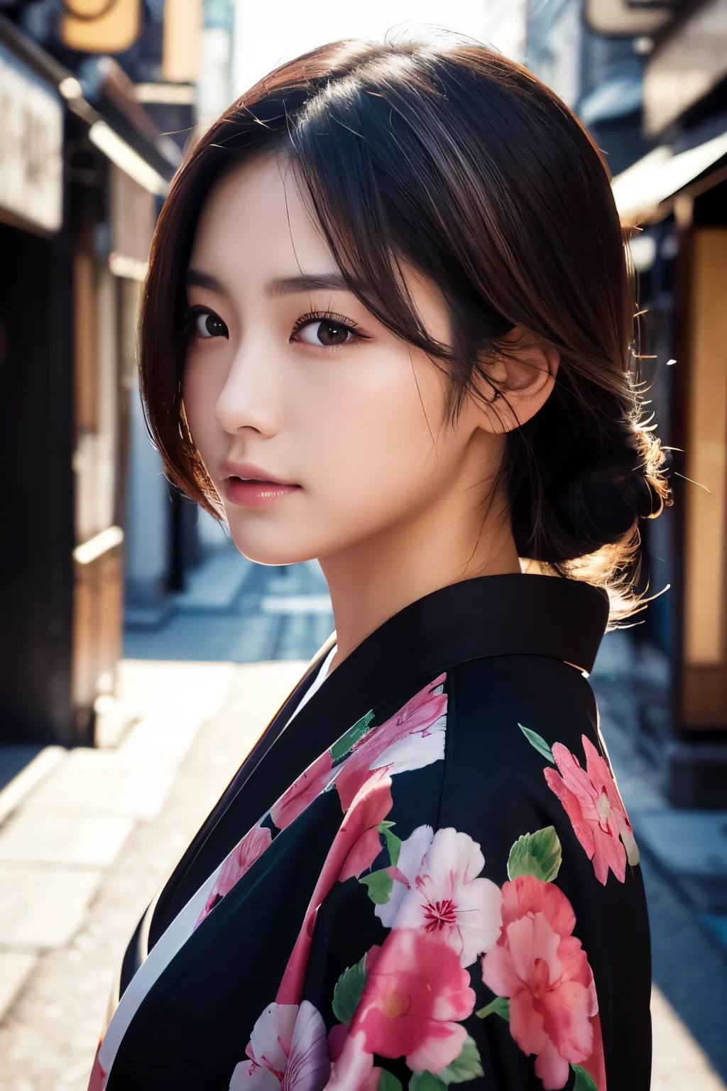 Beautiful Japanese supermodel woman, A lock of hair with slight highlights, black eyes, Sexy，street background，Gorgeous kimono , Liquid color flows across her face, Shooting against the light，Perfect facial lighting，mixed media