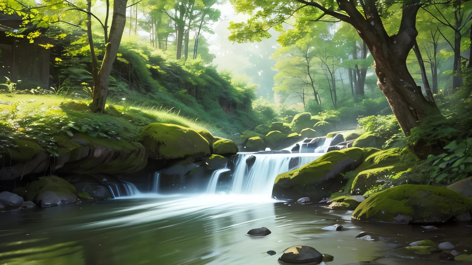I took photos of a peaceful moment spent in nature.。wood々Imagine a peaceful landscape with soft morning light shining through the space.。A calm stream meandering、Surrounded by lush greenery。The overall atmosphere is calm and connected to the natural world.、Highlights the beauty and peace of outdoor moments。