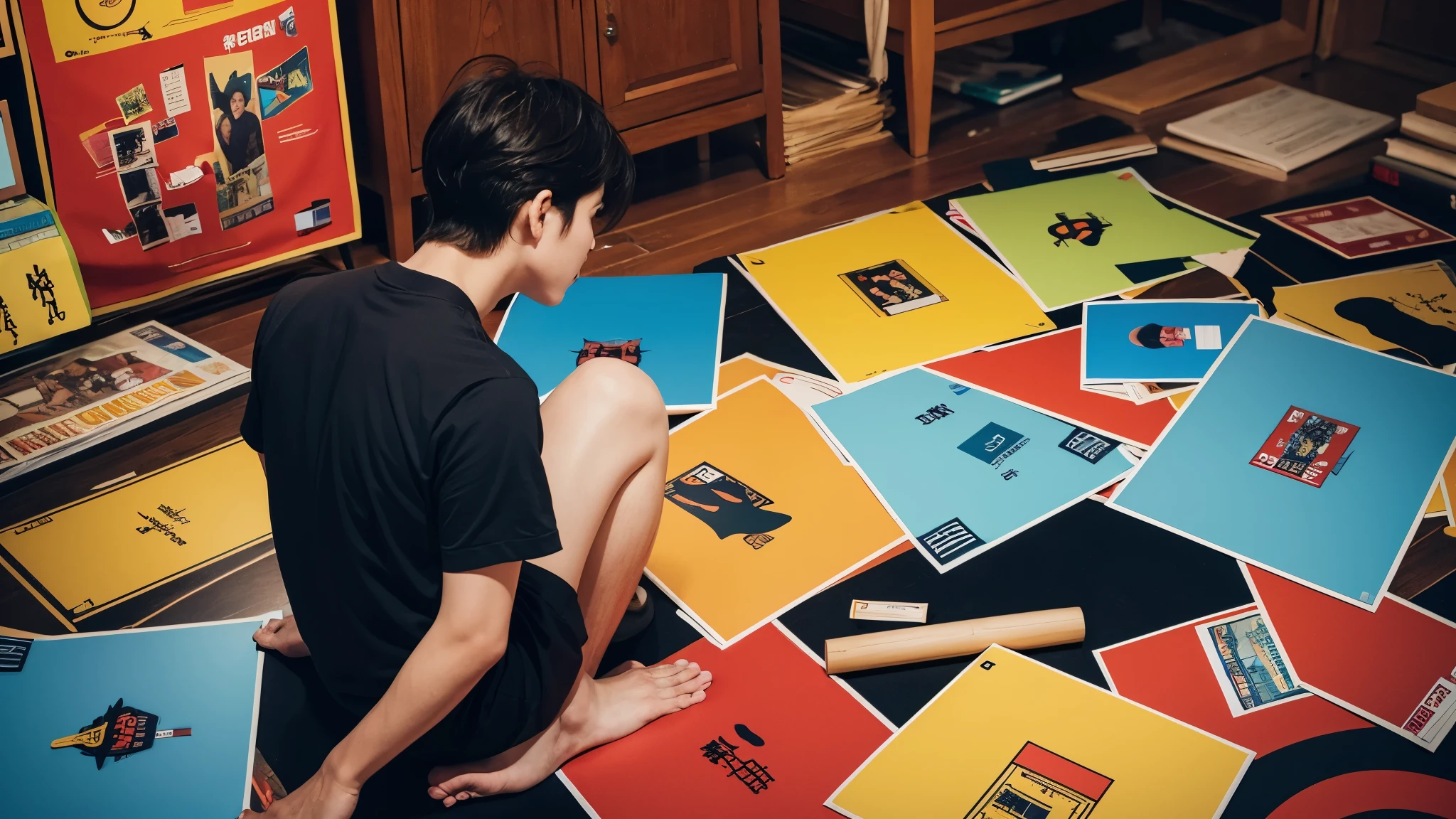 Arafed boy sitting on the floor with a bunch of posters - SeaArt AI