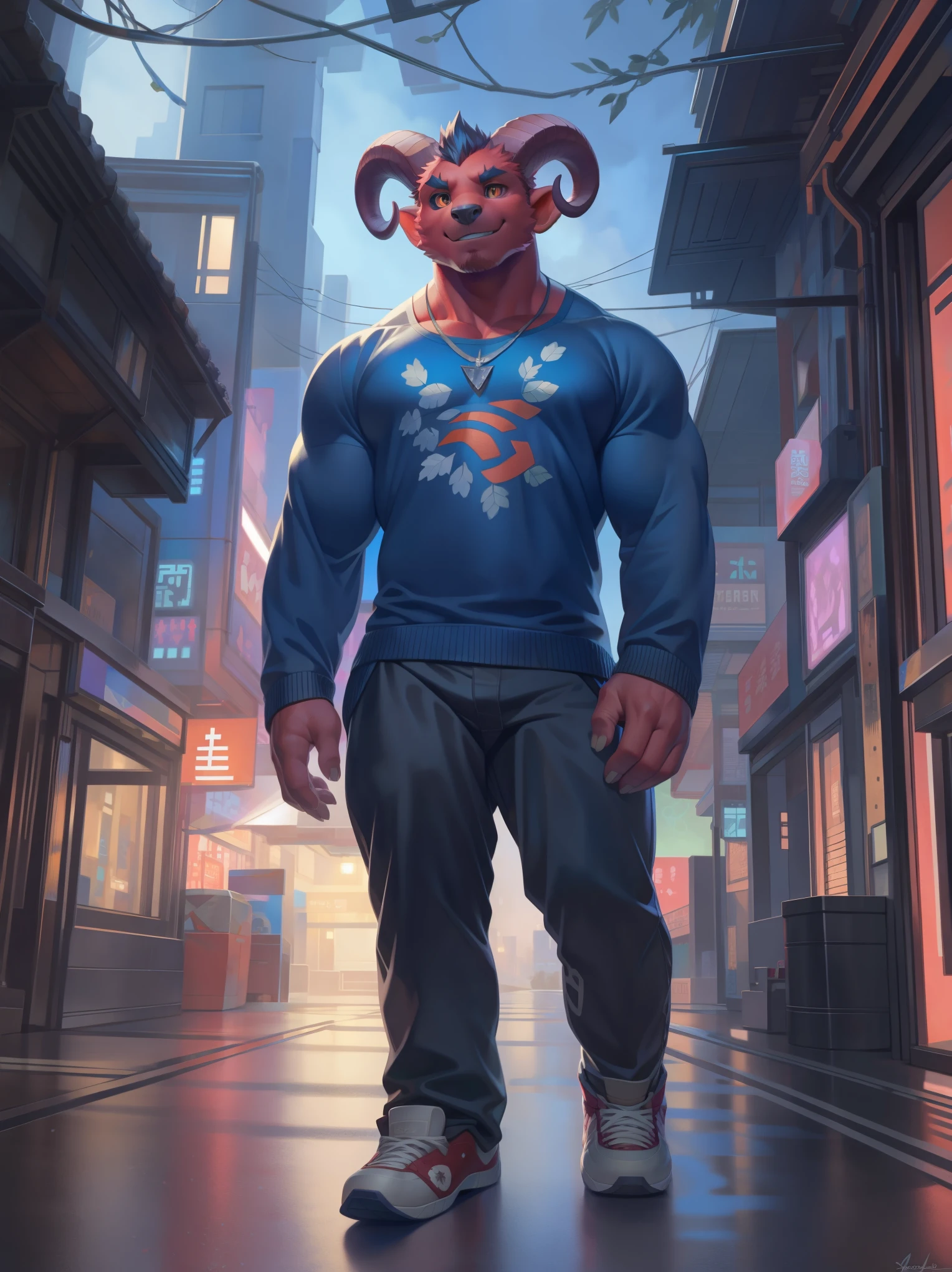 solo, anthro, furry, furry male, tiefling,((red body)), (tiefling print), black pupils, orange eyes, black sclera, ram horns, black horns, detailed tattoos fur, detailed face, detailed eyes, long sleeved shirt, sweater, small necklace, pants, sneakers, cyberpunk Streets, (by null-ghost,by raccoon21, masterpiece, high quality, hi-res, 8k, hd), standing,close-view portrait, looking at viewer, night, outdoors, happy expression