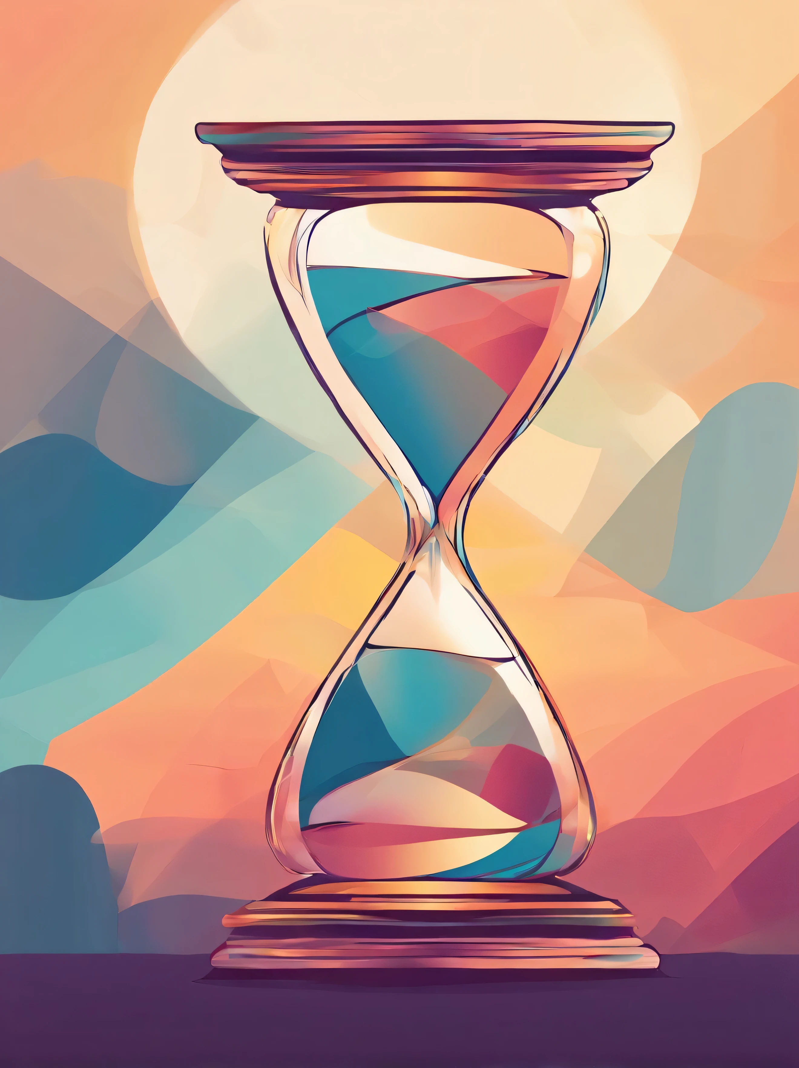 un reloj de arena, sobre un fondo degradado desde el amanecer hasta el atardecer, Pastel and cold tones to represent duality, Textura suave y rugosa para representar diferentes etapas., Abstract style Geometric shapes and soft colors., imprimir, high resolution