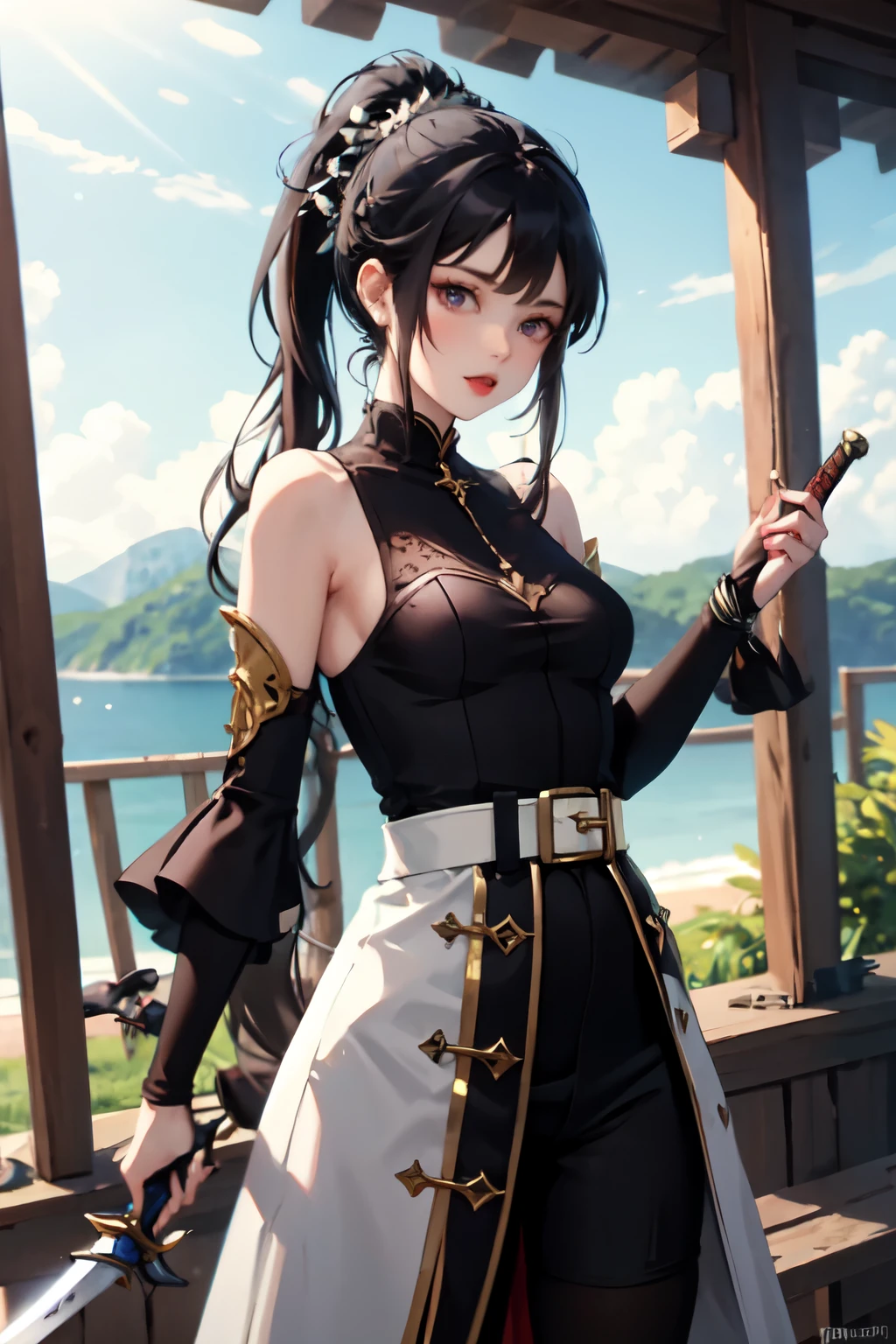 masterpiece, best quality, extremely delicate and beautiful, ultra-detailed, high-resolution, 20 years old, detailed beautiful face, tearful mole, earring, very huge round breasts, short medium hair, wavy hair, wet clothes, full body shot, alone, (assassin), kimono, (armor),