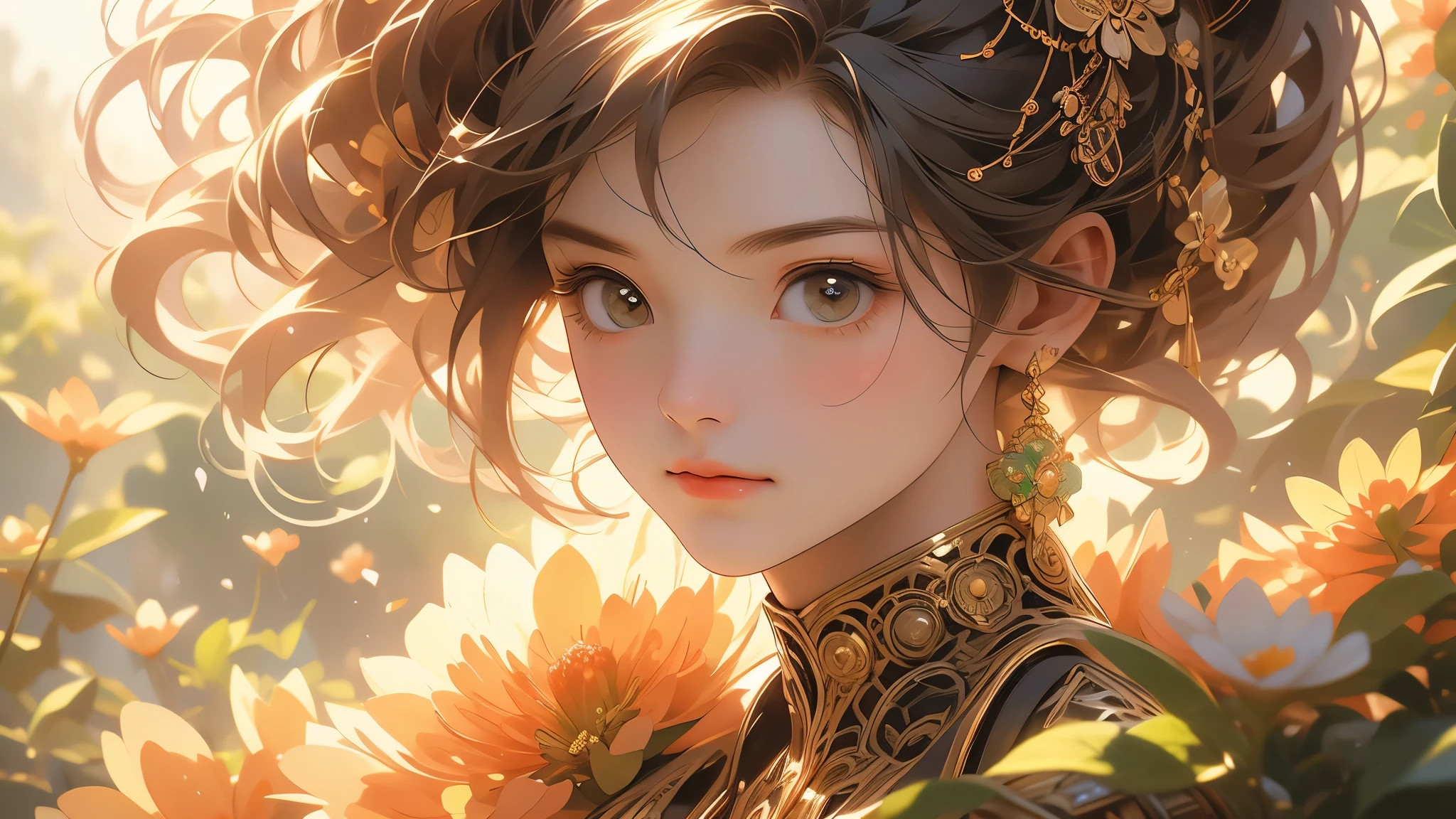 (ultra wide angle),(best quality,highres,masterpiece:1.2),ultra-detailed,(realistic,photorealistic,photo-realistic:1.37),vivid colors,bokeh,HD,studio lighting,ultra-fine painting,sharp focus,physically-based rendering,professional,portraits,landscape A lovely field of flowers with vibrant colors and delicate petals is spread out before you. Each flower is meticulously crafted, with ultra-fine painting techniques capturing the intricate details of their unique shapes and textures. The field is bathed in the warm glow of golden sunlight, complementing the vivid colors of the blossoms. Steampunk robot bees, with their mechanical bodies adorned in artistic brass and copper, flit between the flowers. Their wings, reminiscent of delicate gears, move with precision and grace as they carry out their important task of pollination. Each bee is filled with intricate mechanical components, reflecting the attention to detail that characterizes steampunk aesthetics. As the bees interact with the flowers, you can see the delicate exchange of pollen, captured in ultra-detailed realism. The vibrant colors of the petals and the subtle textures of the pollen are represented with photorealistic precision, creating a visually stunning and immersive experience. Surrounding the field is a picturesque landscape that complements the natural beauty of the flowers. Rolling hills, covered in lush green grass, provide a gentle backdrop for the floral masterpiece. The scene is expertly lit, with studio lighting techniques that accentuate the depth and beauty of each element. This artwork captures the essence of both natural beauty and artistic vision, blending the vibrant colors and organic forms of the flowers with the captivating aesthetics of steampunk. The result is a stunning portrait of harmony between man-made creations and the wonders of nature.