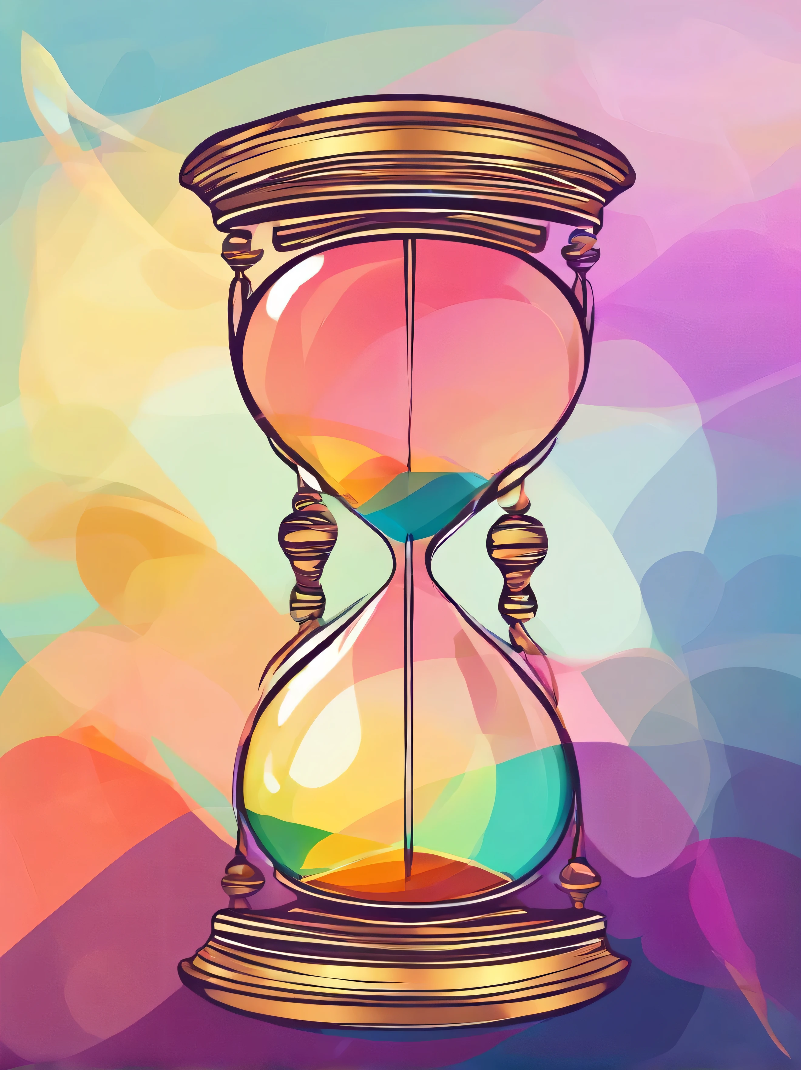 un reloj de arena, sobre un fondo degradado desde el amanecer hasta el atardecer, Pastel and cold tones to represent duality, Textura suave y rugosa para representar diferentes etapas., Abstract style Geometric shapes and soft colors., imprimir, high resolution