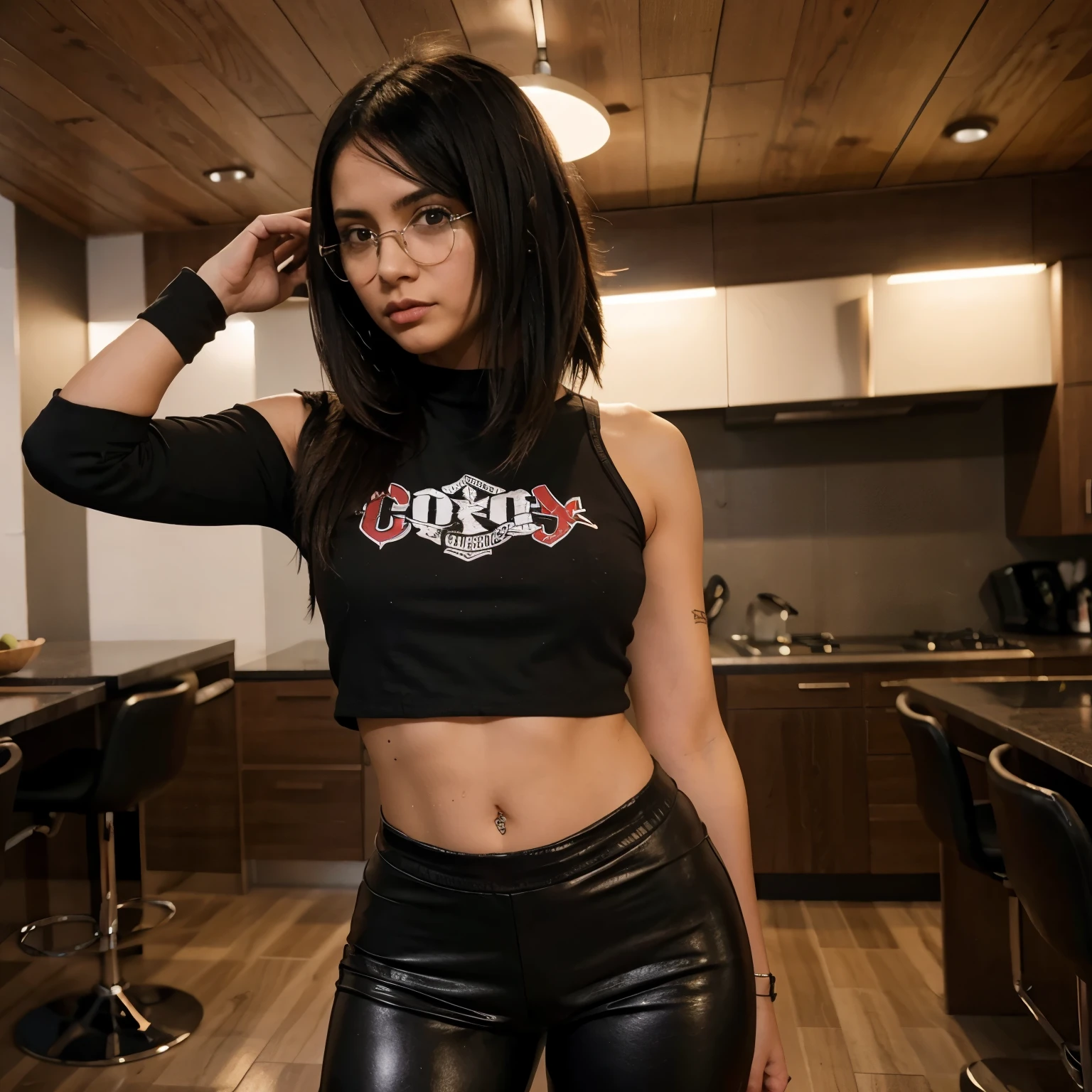 chica emo, con cabello negro hasta el pecho y flequillo hasta la barbilla, gafas negras y rojas. Crop top y leggins negros, y botas de combate desnuda