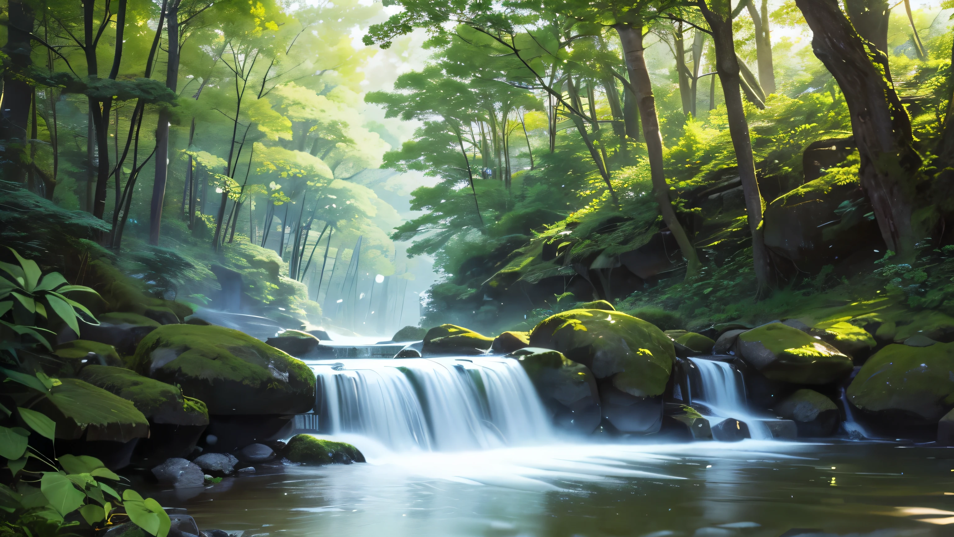 I took a photo of a peaceful moment spent in nature..。wood々Imagine a peaceful landscape bathed in soft morning light.。.。a gentle meandering stream、Surrounded by lush greenery。The overall atmosphere is calm and connected to the natural world.、Highlights the beauty and serenity of outdoor moments。