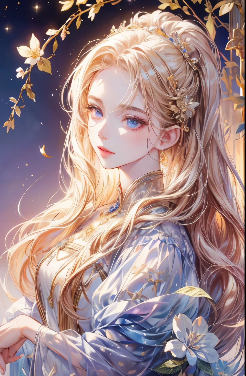 Long-haired woman、bust、white skinned、Symmetry between left and right eyes、delicate eyes、sparkling violet eyes、Exquisite gold hollow hair accessories、Mosaic floral pattern background、spotlight、high contrast、Striking shadows、Detailed shadows、Perfect workmanship、Masterpiece、top quality、Top image quality