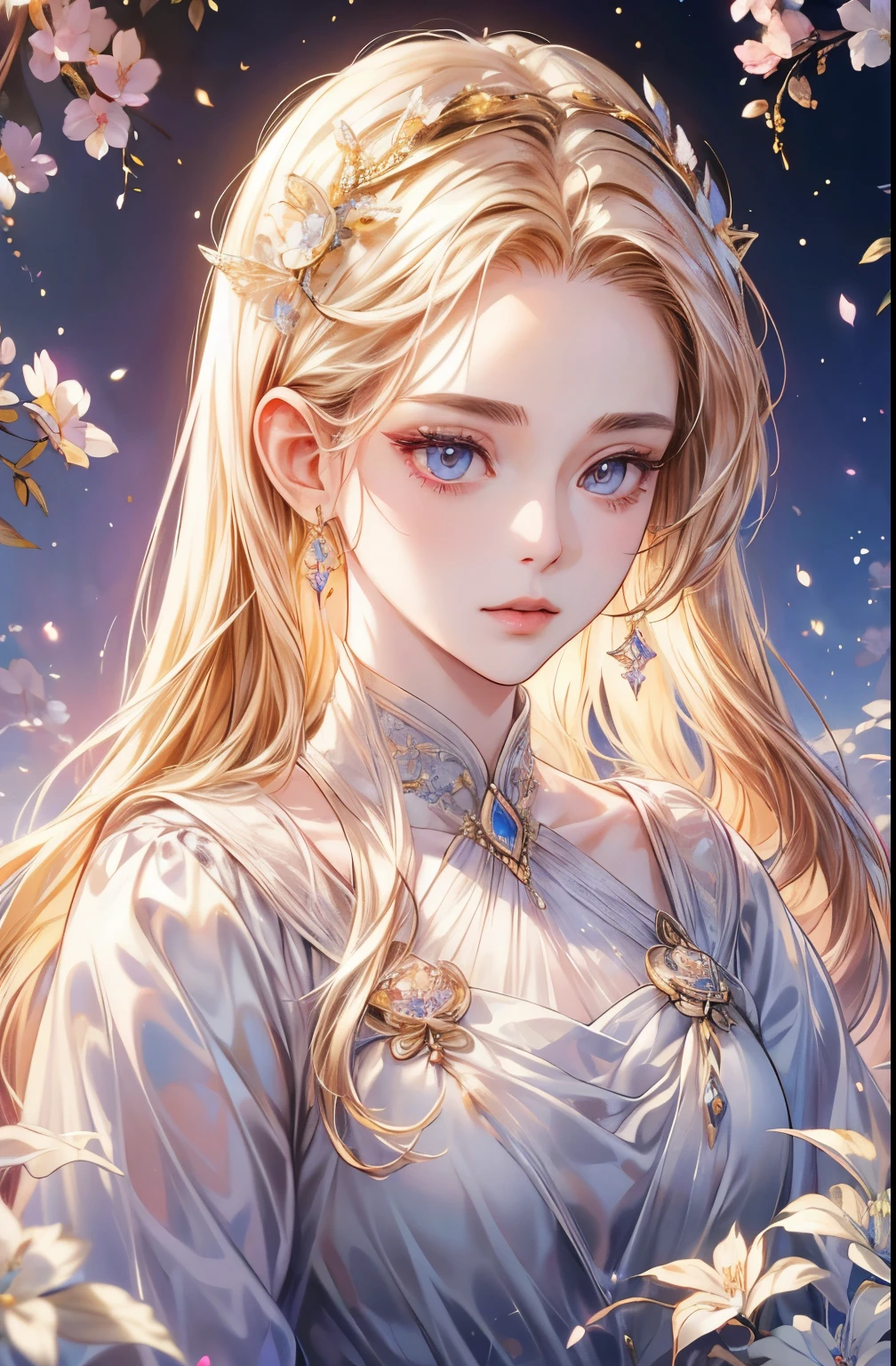 Long-haired woman、bust、white skinned、Symmetry between left and right eyes、delicate eyes、sparkling violet eyes、Exquisite gold hollow hair accessories、Mosaic floral pattern background、spotlight、high contrast、Striking shadows、Detailed shadows、Perfect workmanship、Masterpiece、top quality、Top image quality