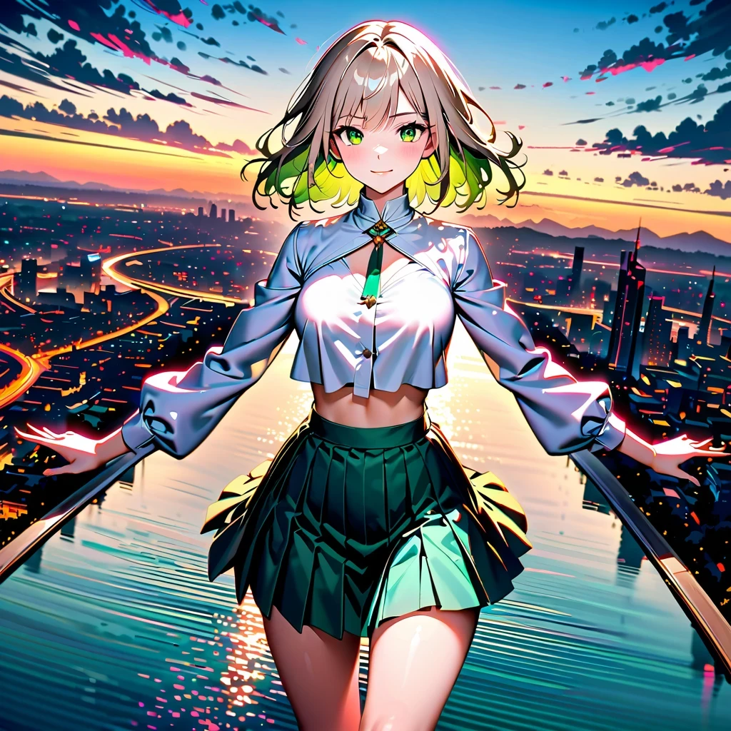super wide angle, National Geographic Ray Tracing Masterpiece，Beautiful and elegant，Arrogant temperament, a perfect face，Showing expressive emerald eyes and goofy smile. her platinum blonde hair, Highlight with light pink hint, A few strands of multi-colored inner hair, Complementing her professional yet stylish attire - a white long-sleeved crop top，white trim，The pleated skirt showed off her slim waist and wide hips, Everything is set against the backdrop of twilight and sunset scenery. her posture, Her chin lifted slightly, Demonstrates a combination of calm and intensity. In the background is the stunning city reflection in the crystal clear river at sunset. High detail background，like skyline, cloud, The horizon enhances the beauty of the photo. The crystal clear water makes the stream an extremely realistic and detailed mirror，Reflects a woman&#39;s whole body. tranquil perspective of images, Mirror-like stillness makes details more complete, Colorful fantasy art style visual object in specular reflection ratio 1.2