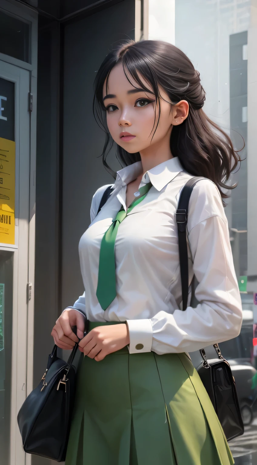 Amidst the bustling cityscape, a solitary figure of a young girl is seen. Her frame is clad in a crisp white shirt, its pristine fabric slightly damp from the recent rain. The top button of her shirt is fastened, revealing a peek of her blue eyes that twinkle with youthful curiosity. A vibrant green tie is knotted neatly around her neck, adding a pop of color to her otherwise monochromatic attire. Below, she wears a green skirt that shimmers ever so slightly under the gloomy city sky. The intricate details of the city background can be discerned in the background, as raindrops streak down the windows of tow