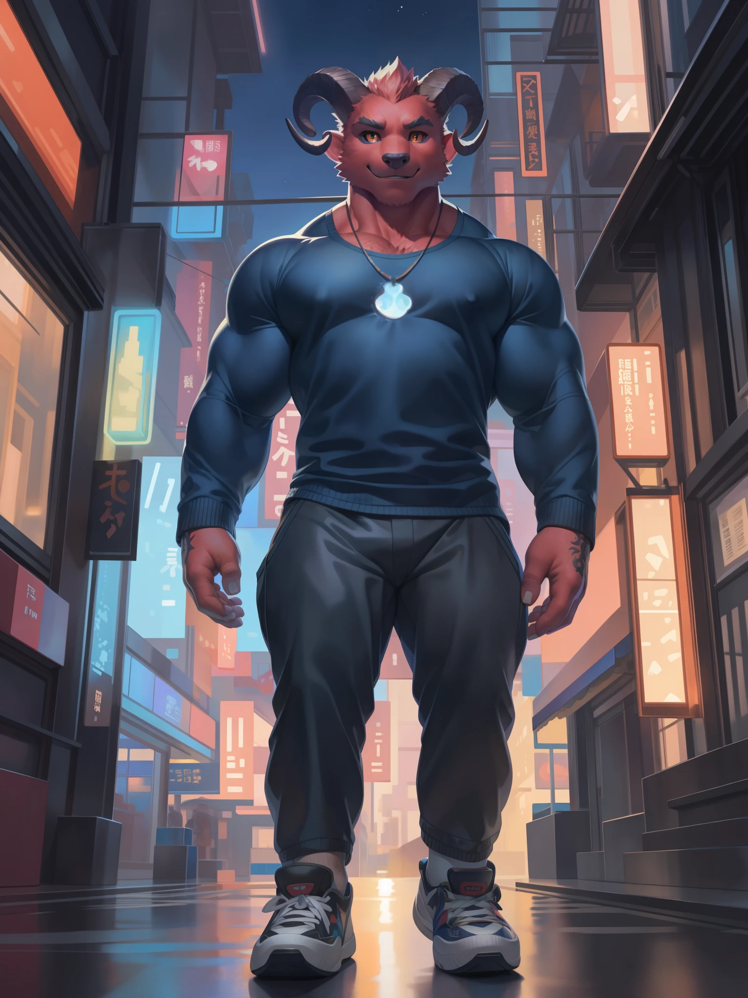 solo, anthro, furry, furry male, tiefling,((red body)), (tiefling print), black pupils, orange eyes, black sclera, ram horns, black horns, detailed tattoos fur, detailed face, detailed eyes, long sleeved shirt, sweater, small necklace, pants, sneakers, cyberpunk Streets, (by null-ghost,by raccoon21, masterpiece, high quality, hi-res, 8k, hd), standing,close-view portrait, looking at viewer, night, outdoors, happy expression