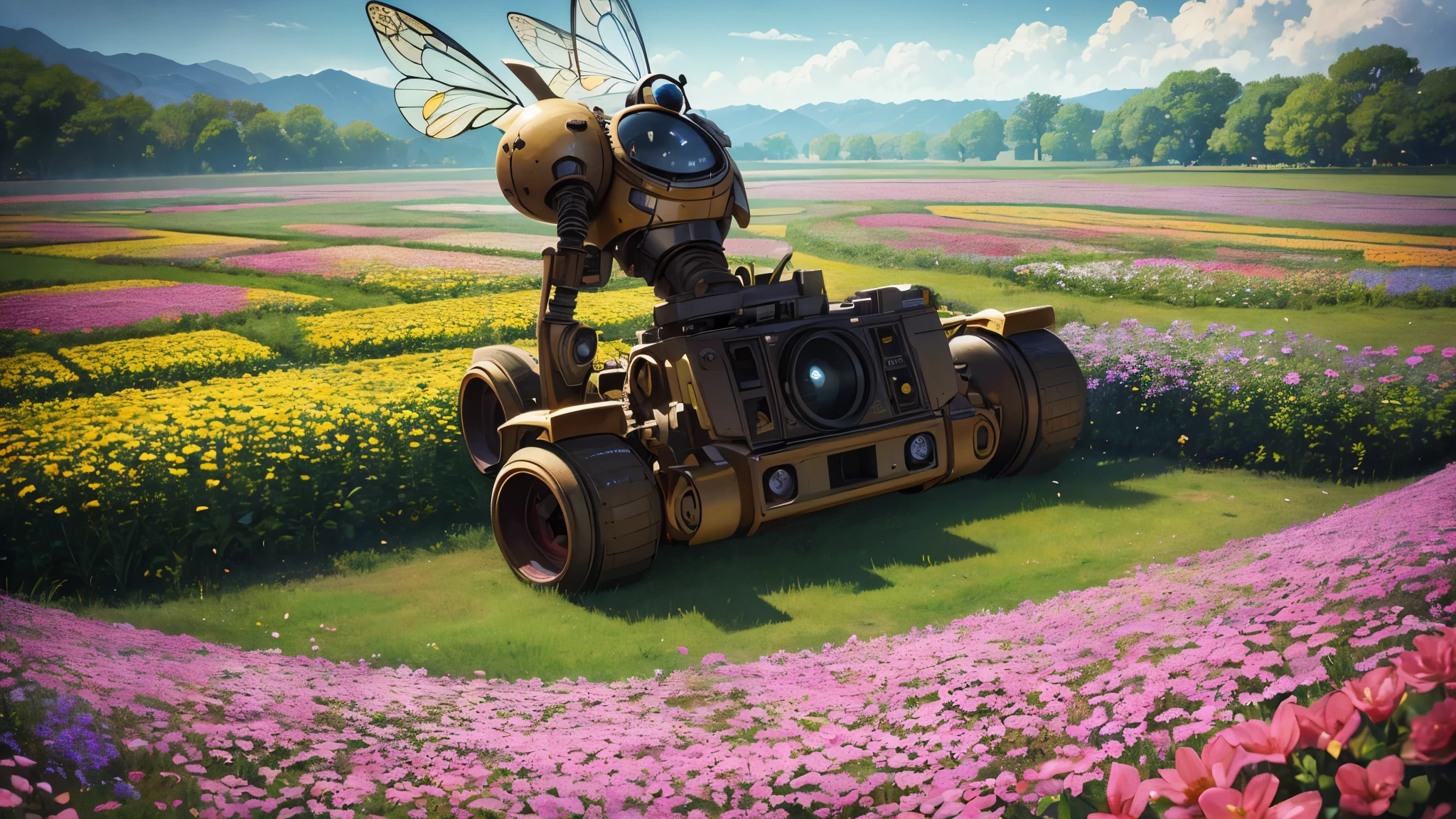 (ultra wide angle), A lovely field of flowers, steampunk robot bees flit between them pollinating them