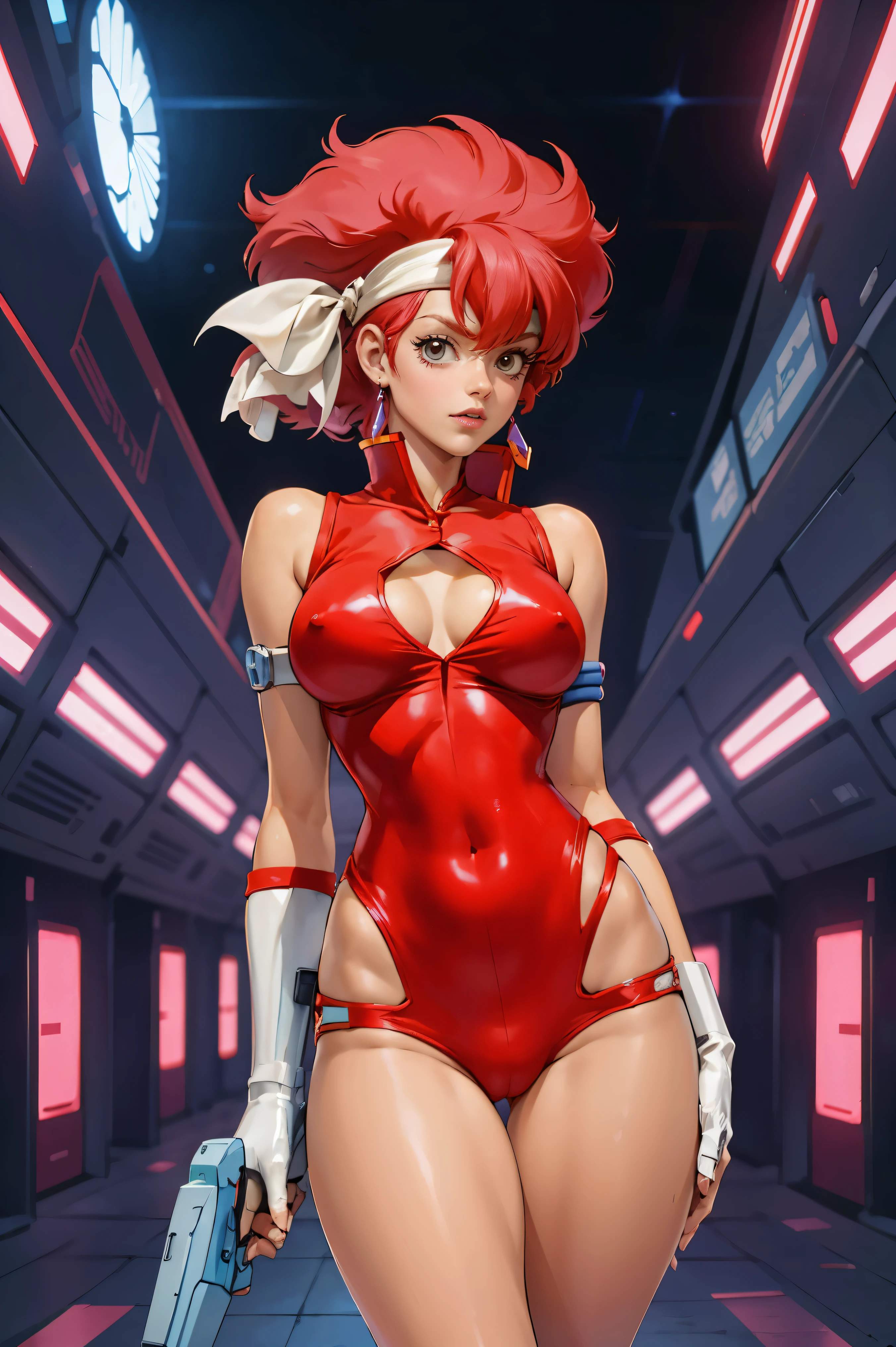 Kei from The Dirty Pair, , wearing a tight outfit, skimpy, medium breast, red hair beauty, cyberpunk city background, holding retro space-gun, headband, slim waist, slim thighs, thigh gap