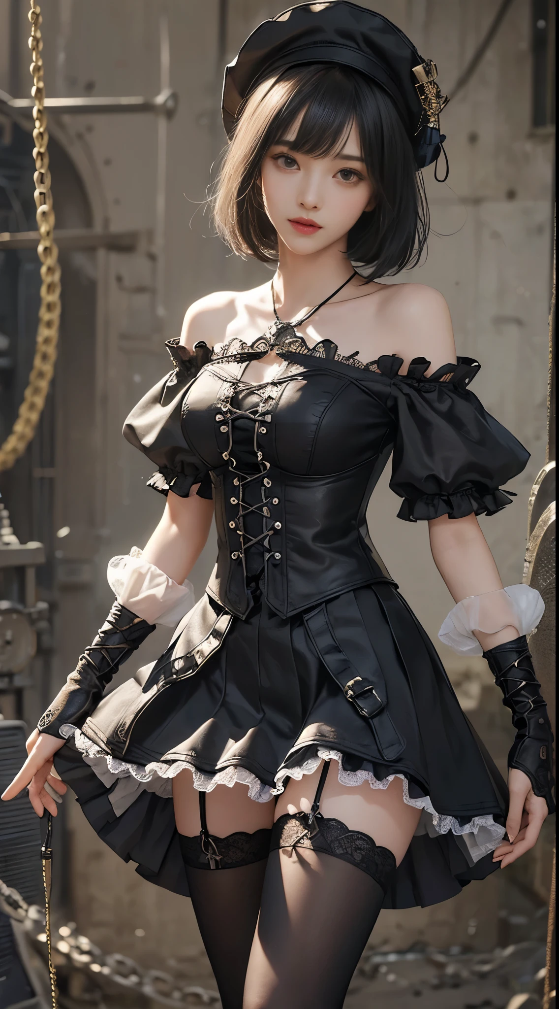 (((masterpiece, highest quality, Super detailed))), 1 female, (((very thin body))) , (((length, thin legs))), (((black short bob, thick and fluffy bangs ))), (((highly detailed face))), No cosmetics, small and thin nose, thin mouth and small lips, (((Very sharp focused eyes))), Precise pale gray eyes with large slits, shine like a jewel, length eyelashes, ((Highly decorative and intricate mechanical steampunk fashion, Lace Flare Mini Skirt, above the knee lace stockings, Lace Off Shoulder ta Fashion, Overly decorative fashion)), Abandoned Night, Complex mechanized steampunk factory catches fire、explosion, (((Overall accuracy has been significantly improved, creating a Super detailed and realistic image))), super realistic photos.