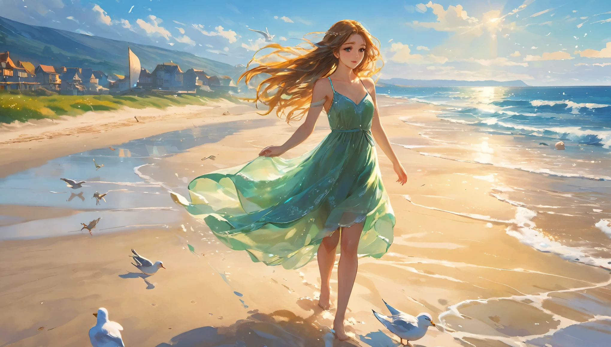 studio lighting,ultra-fine painting,sharp focus,physically-based rendering,extreme detail description,professional,vivid colors,bokeh,portraits,anime,landscape,beach ultra wide-angle view, capturing the vastness of the beach and the horizon, beautifully detailed anime art style, with vibrant colors and sharp lines, a girl with long flowing hair, wearing a flowing dress, walking on the beach, her eyes shining with a sense of wonder and joy, the girl's face is delicately drawn, showcasing her beautiful features, the golden sunlight illuminates her face and creates a warm glow, soft sand between her toes, leaving footprints in her wake, waves crashing on the shore, creating a serene and peaceful atmosphere, seagulls flying overhead, adding life and movement to the scene, a few scattered shells and pebbles on the beach, adding texture and detail, a distant sailboat on the horizon, symbolizing a sense of and adventure, the surrounding landscape includes dunes, grass, and distant cliffs, the whole scene is bathed in a soft, dreamy light, giving it a magical and ethereal feel, endless sea stretching to the horizon, sparking a sense of endless possibilities.