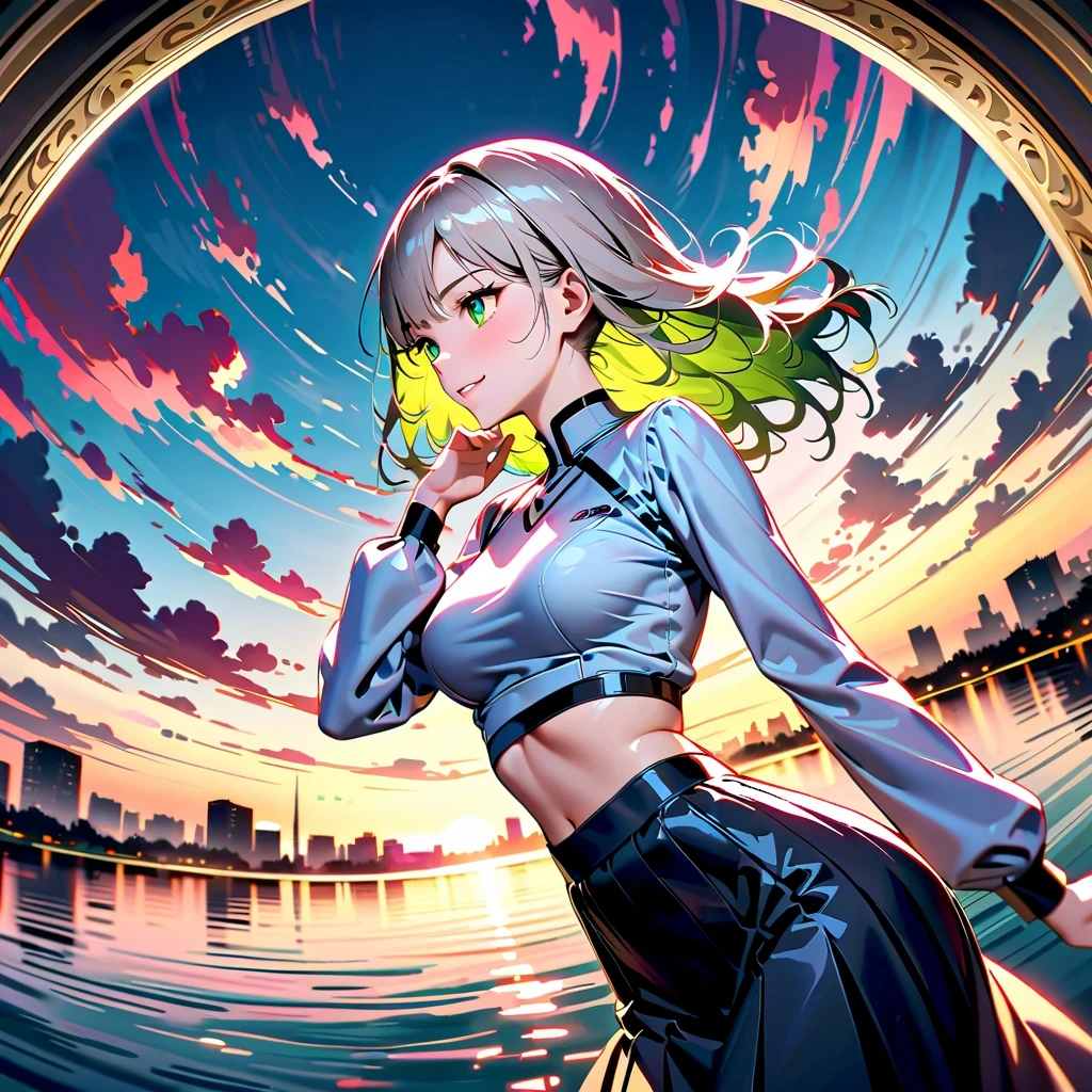 super wide angle, National Geographic Ray Tracing Masterpiece，Beautiful and elegant，Arrogant temperament, a perfect face，Showing expressive emerald eyes and goofy smile. her platinum blonde hair, Highlight with light pink hint, A few strands of multi-colored inner hair, Complementing her professional yet stylish attire - a white long-sleeved crop top，white trim，The pleated skirt showed off her slim waist and wide hips, Everything is set against the backdrop of twilight and sunset scenery. her posture, Her chin lifted slightly, Demonstrates a combination of calm and intensity. In the background is the stunning city reflection in the crystal clear river at sunset. High detail background，like skyline, cloud, The horizon enhances the beauty of the photo. The crystal clear water makes the stream an extremely realistic and detailed mirror，Reflects a woman&#39;s whole body. tranquil perspective of images, Mirror-like stillness makes details more complete, Colorful fantasy art style visual object in specular reflection ratio 1.2